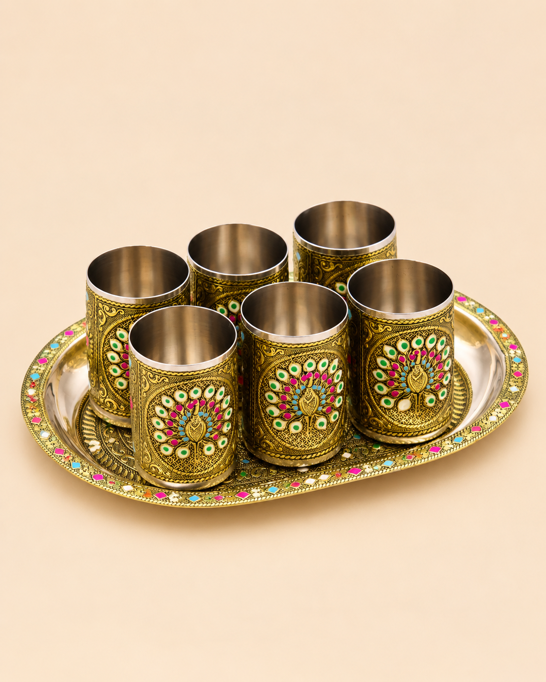 Meenakari Golden Oxidised Tray with 6 Glasses-Mor
