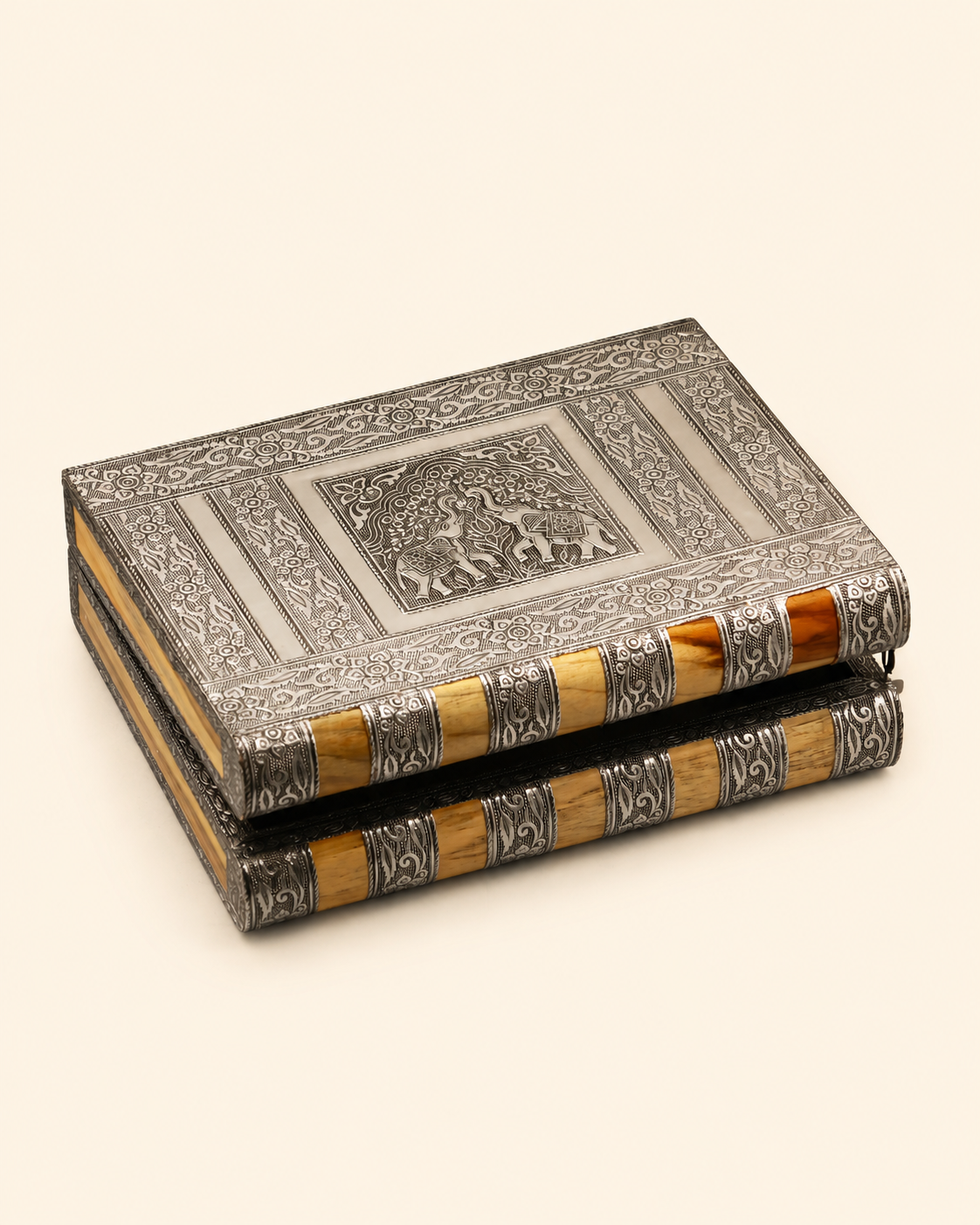 Handcrafted Wooden Silver Oxidised Jewellery Box with Mirror & Multi-Layer Storage