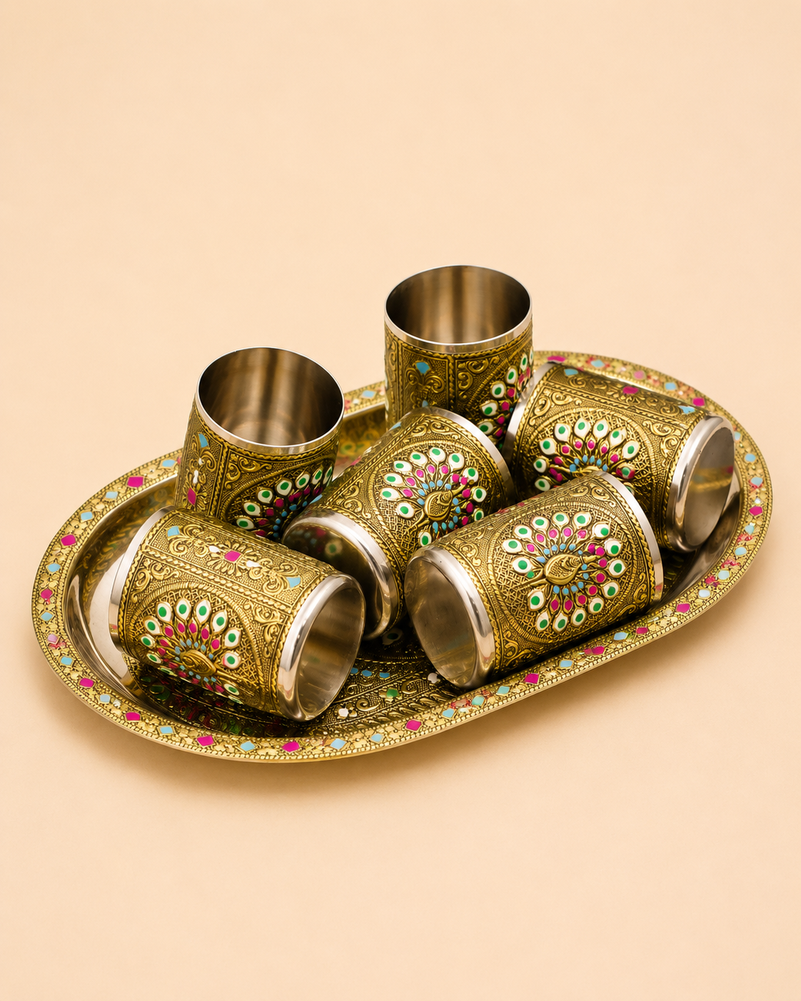Meenakari Golden Oxidised Tray with 6 Glasses-Mor