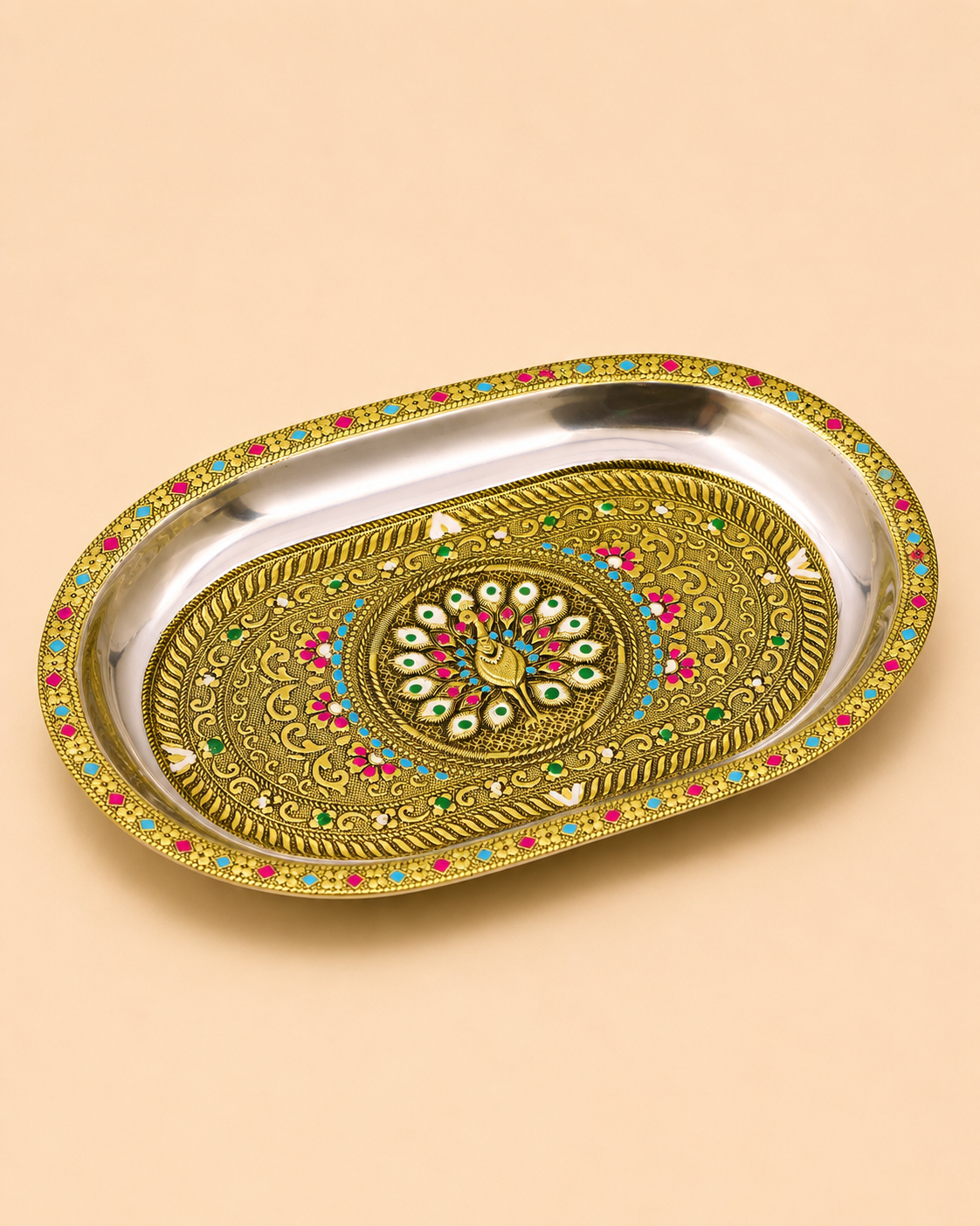 Meenakari Golden Oxidised Tray with 6 Glasses-Mor