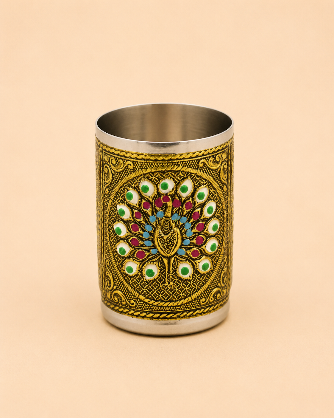 Meenakari Golden Oxidised Tray with 6 Glasses-Mor