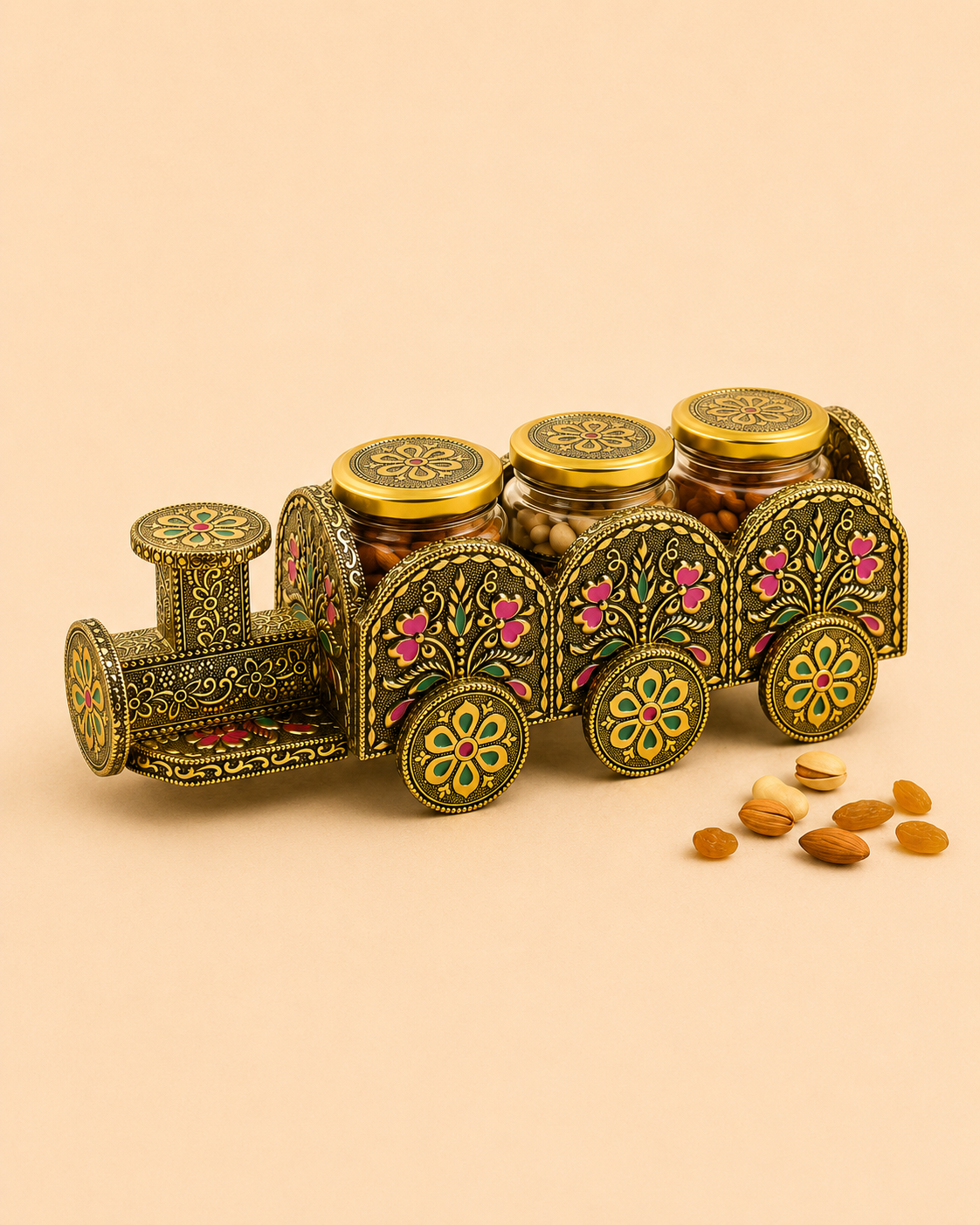 Luxury Handcrafted Wooden Train Dry Fruit Box with Golden Meenakari & Oxidised (Dow) Work | 3 Glass Jar Storage