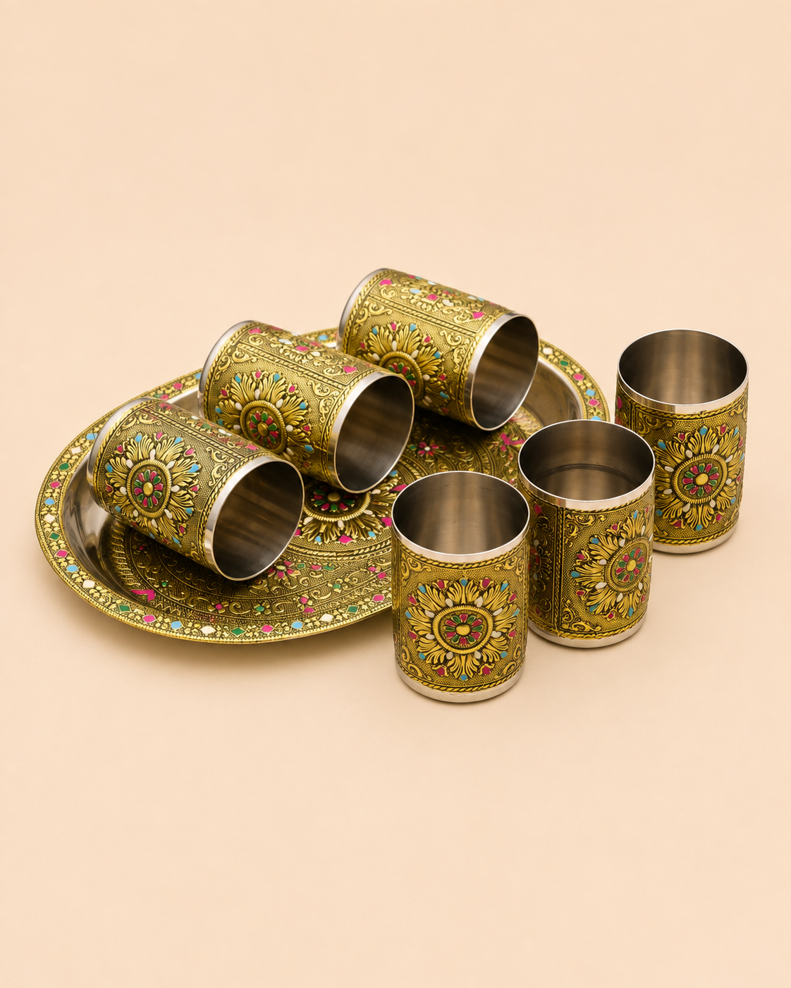 Meenakari Golden Oxidised Tray with 6 Glasses-Flower