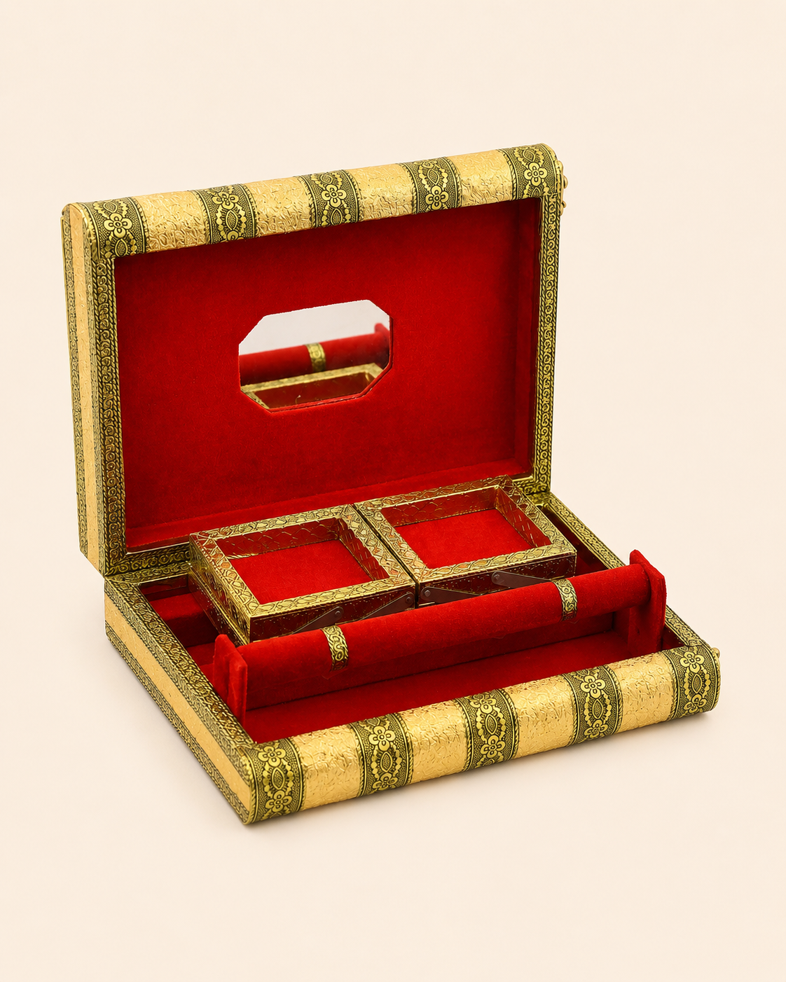 Luxury Handcrafted Wooden Jewellery Box with Golden Oxidised (Dow) Work, Mirror & Multi-Tier Storage