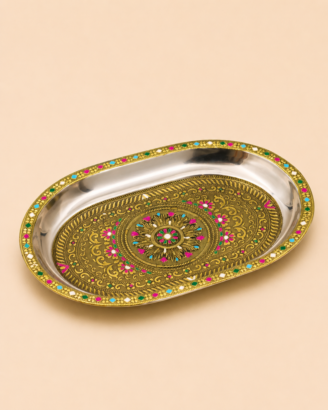 Meenakari Golden Oxidised Tray with 6 Glasses-Flower