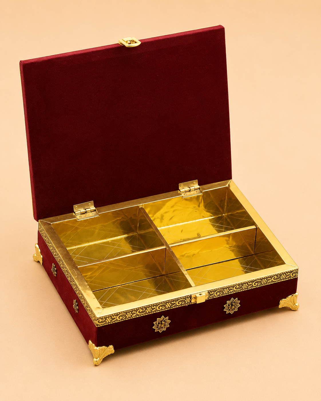 Luxury Handcrafted Wooden Velvet Dry Fruit Box with Golden Oxidised (Dow) Work | 4 Compartment Premium Storage Box