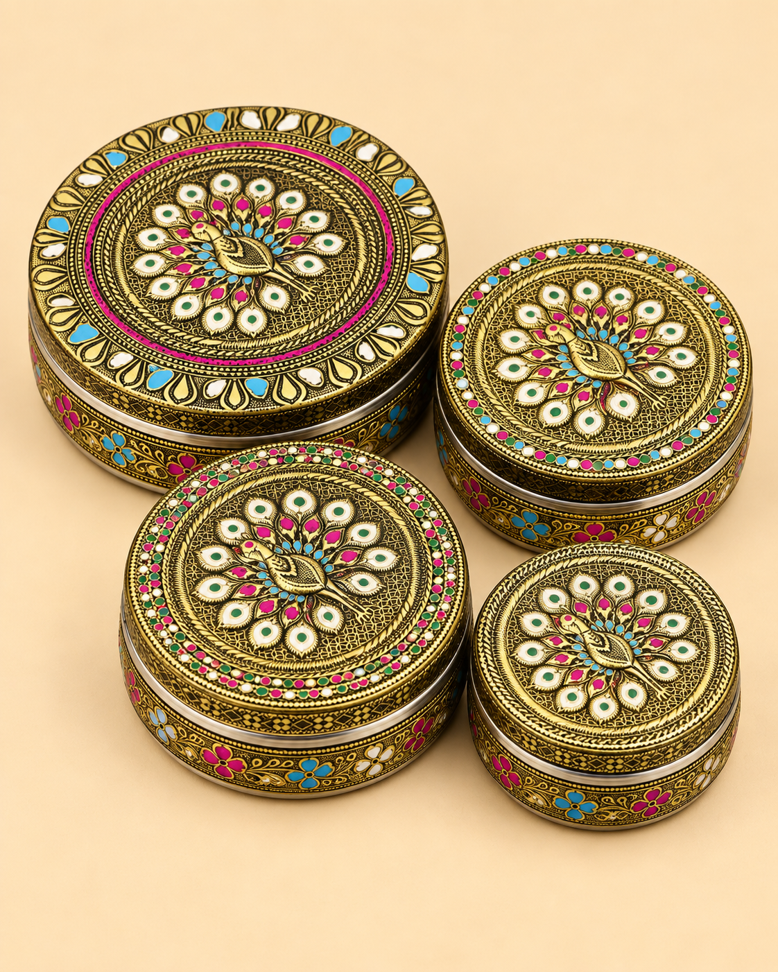 Meenakari Golden Oxidised Storage Container Set – Peacock Design 4-Piece Set