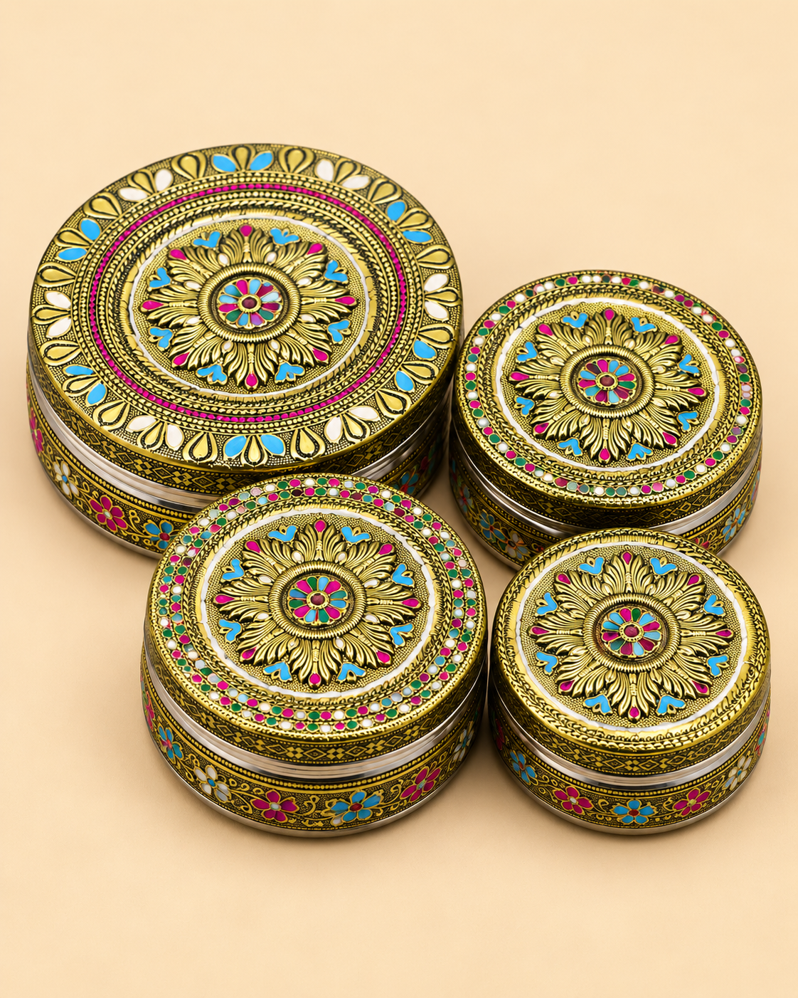 Meenakari Golden Oxidised Storage Container Set – Flower Design 4-Piece Set