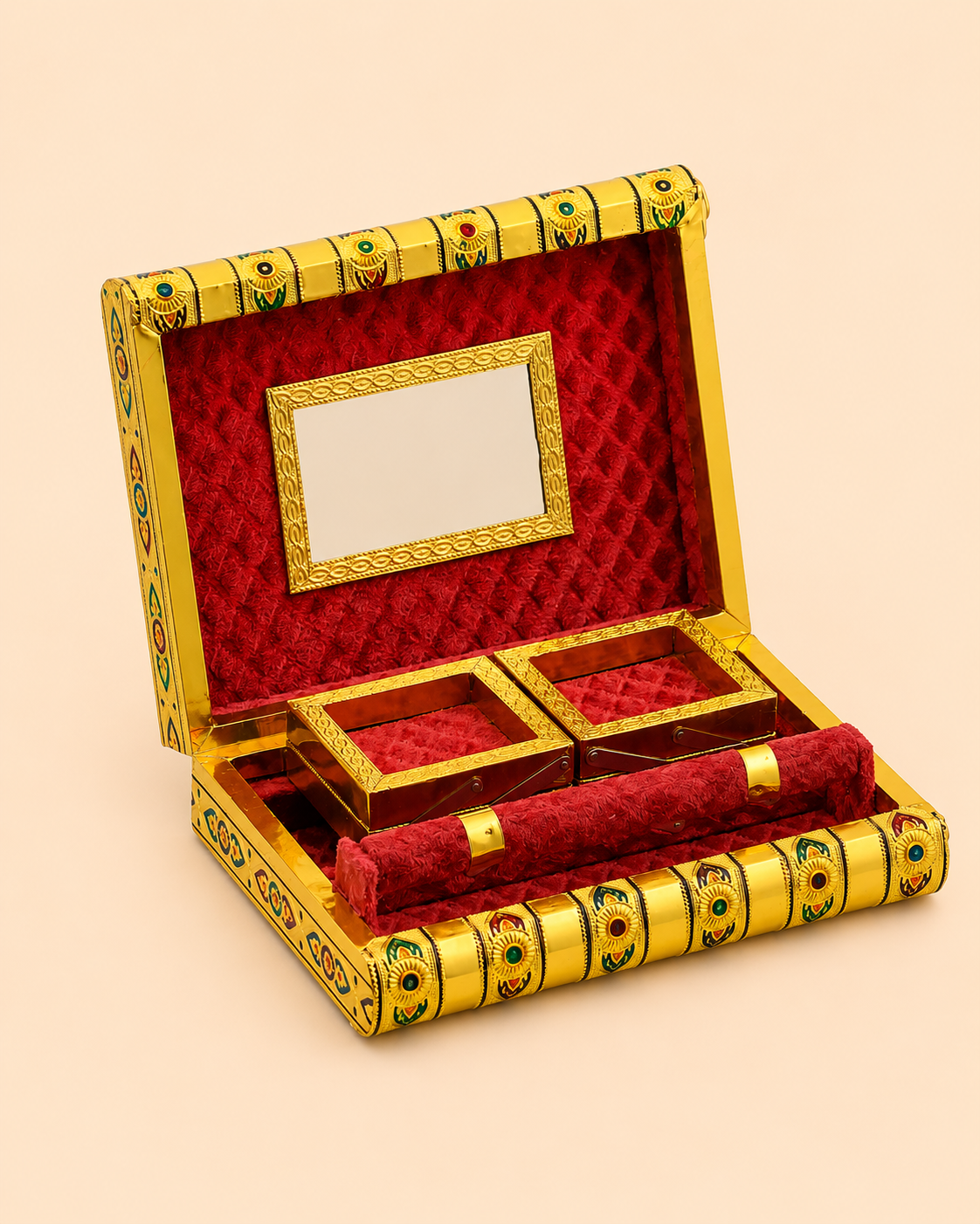 Luxury Handcrafted Wooden Meenakari Jewellery Box with Golden Oxidised (Dow) Work, Mirror & Multi-Level Storage