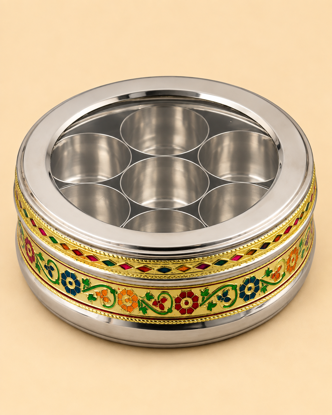 Handcrafted Golden Meenakari Spice Box with 7 Compartments – Stainless Steel