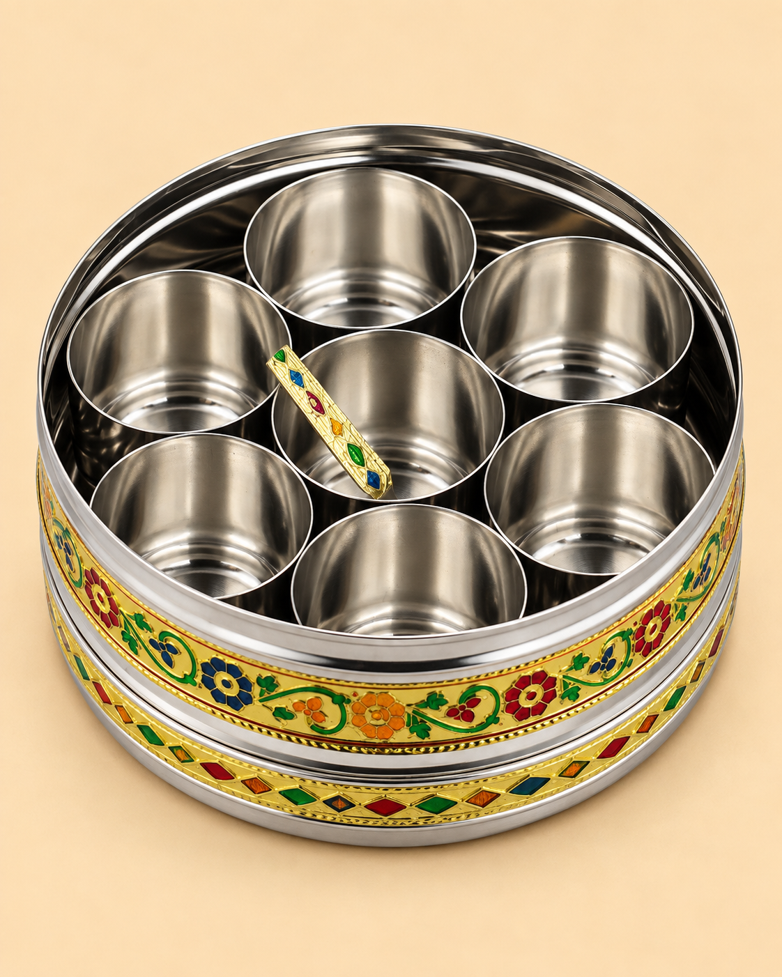 Handcrafted Golden Meenakari Spice Box with 7 Compartments – Stainless Steel