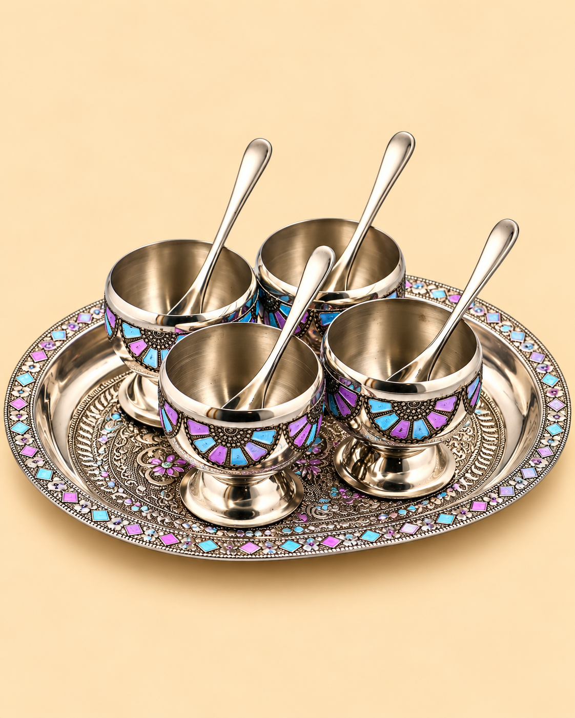 Silver Oxidised Meenakari Ice Cream Cup Set with Tray & 4 Spoons – Flower Design