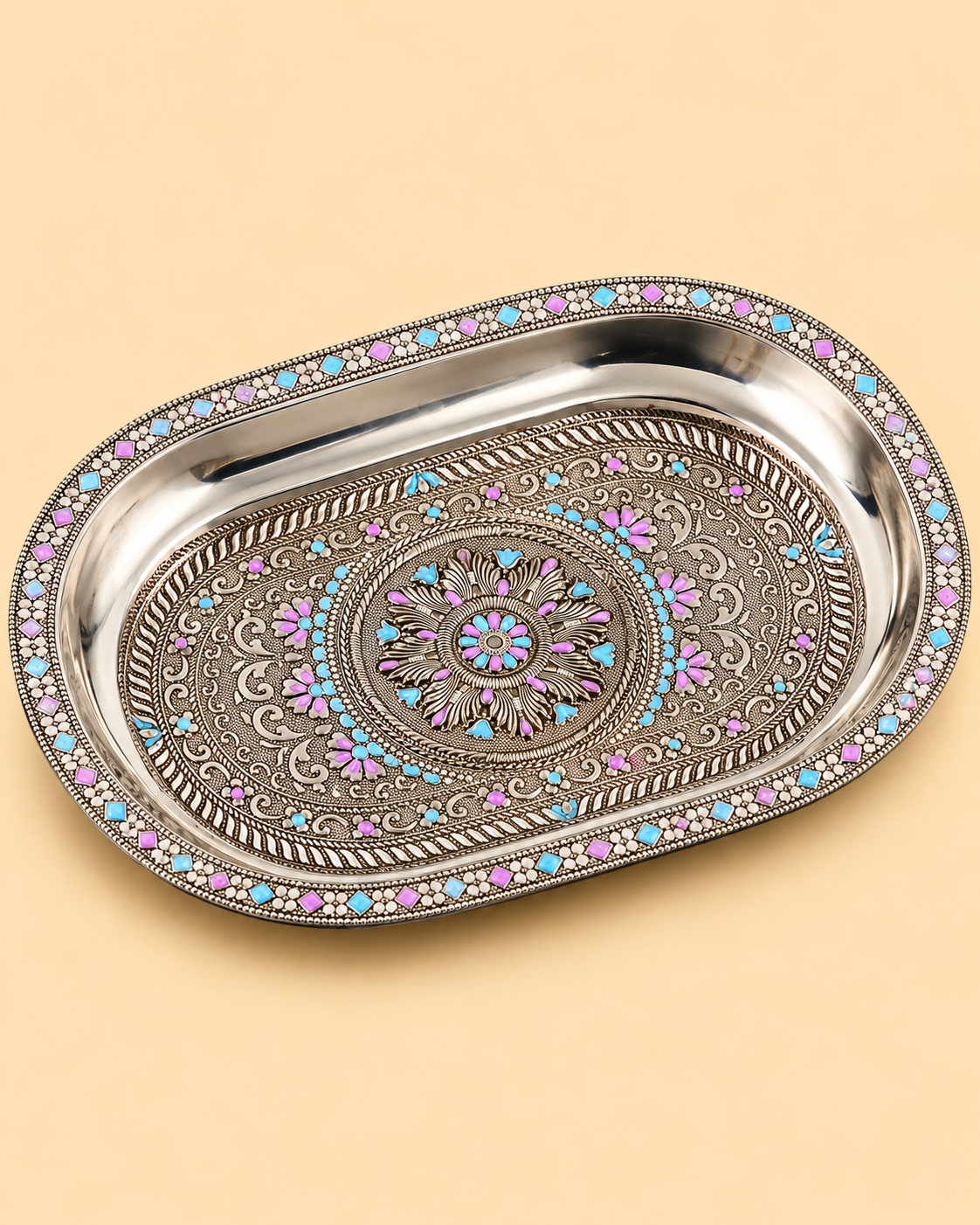 Silver Oxidised Meenakari Ice Cream Cup Set with Tray & 4 Spoons – Flower Design