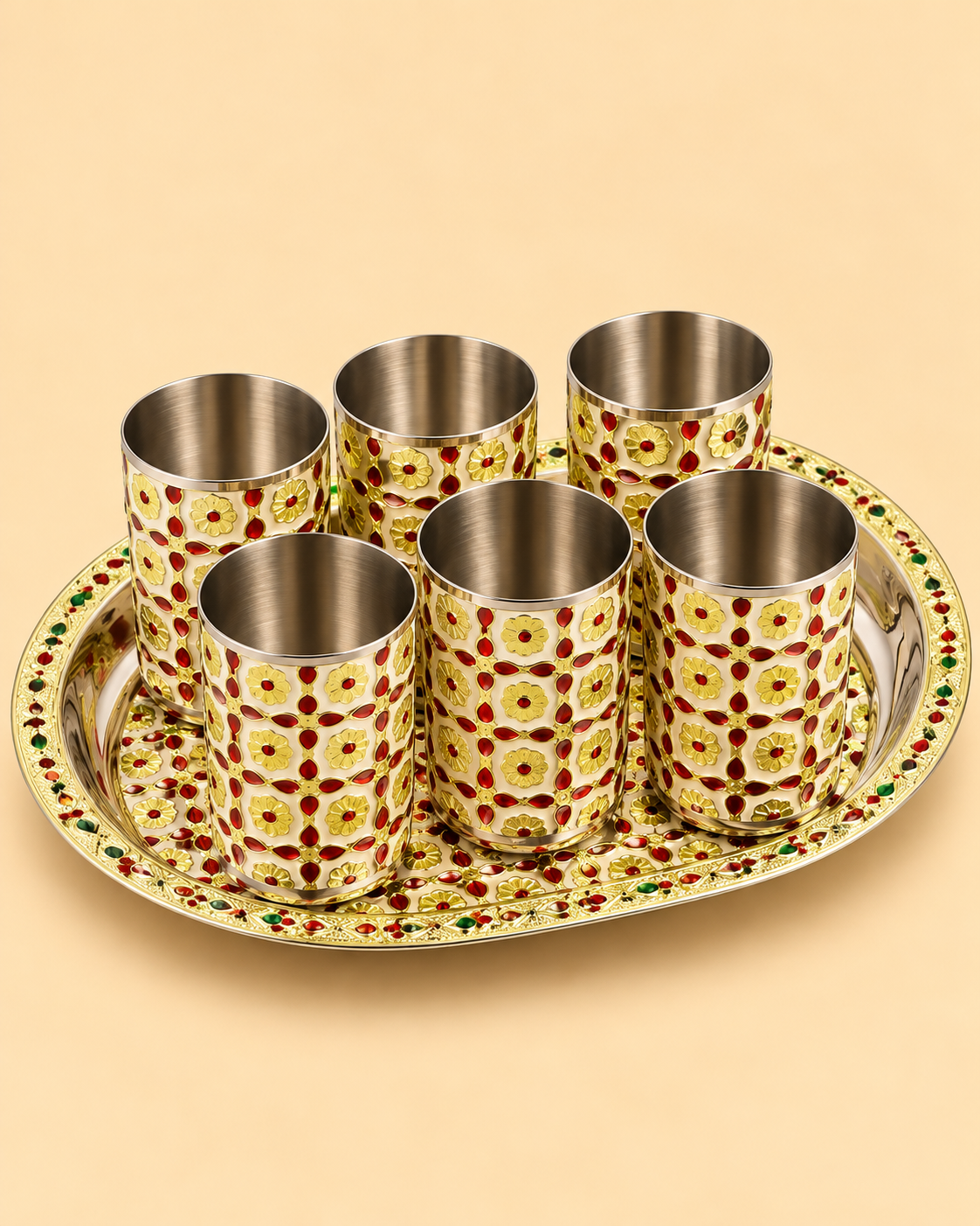 Meenakari Golden Tray with 6 Glasses – White & Red