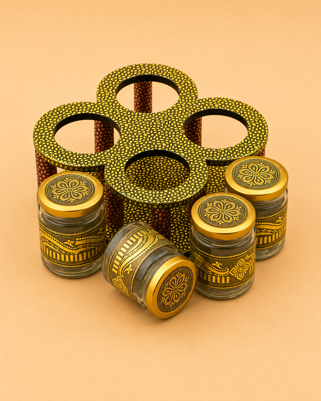 Luxury Handcrafted Wooden Open Dry Fruit Box with 4 Glass Jars | Golden Oxidised (Dow) Work