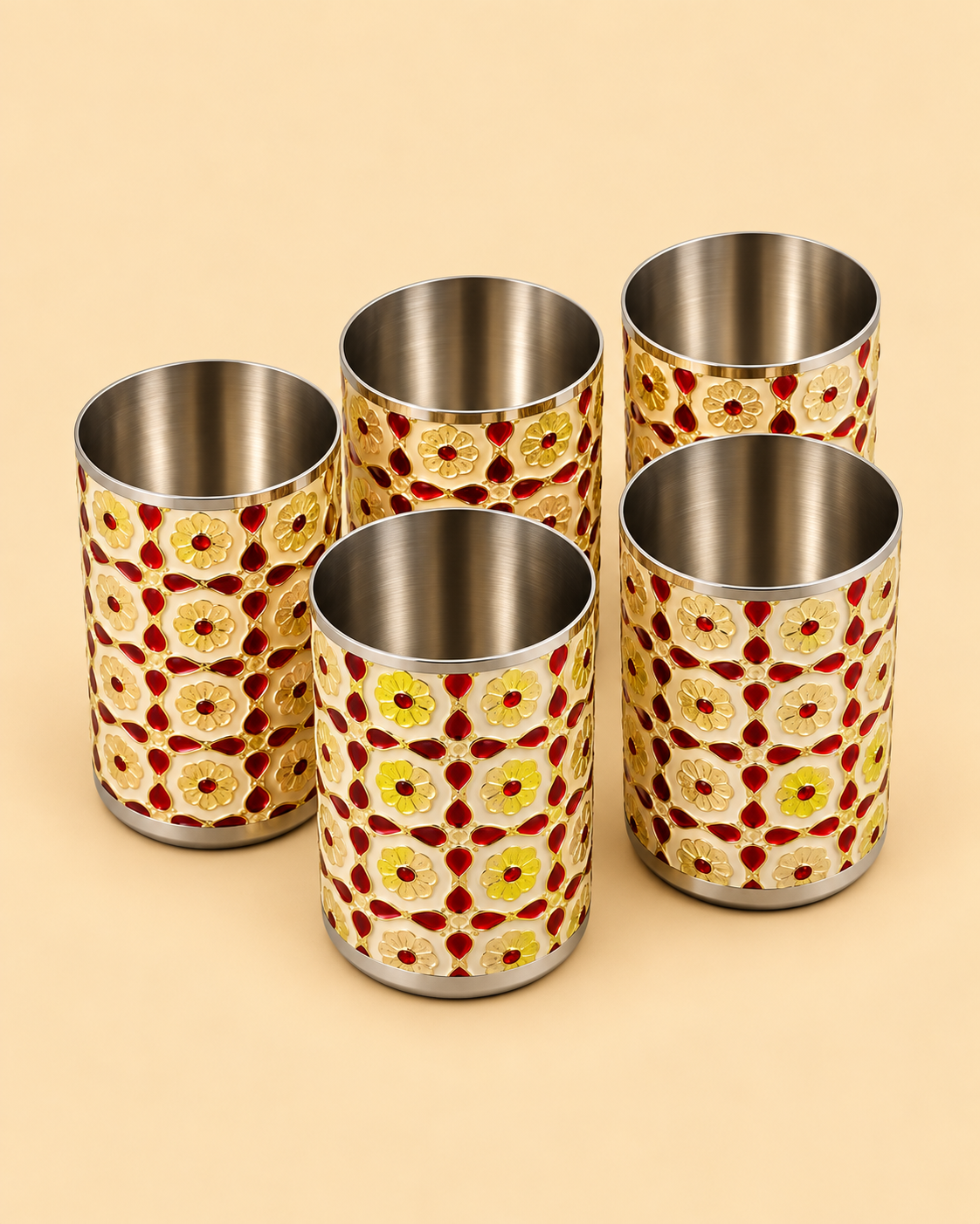 Meenakari Golden Tray with 6 Glasses – White & Red