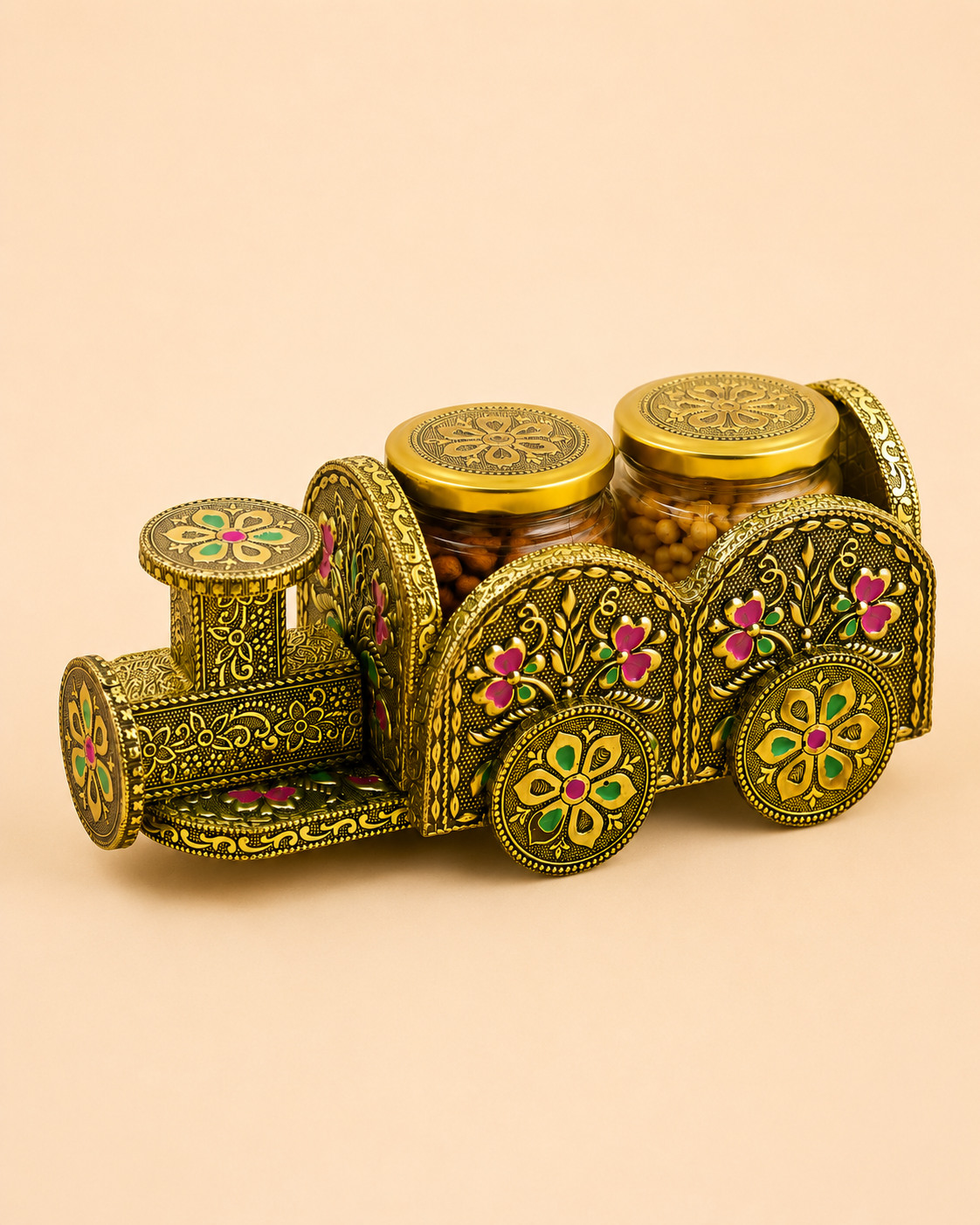 Handcrafted Wooden Train Dry Fruit Box with Golden Meenakari & Oxidised (Dow) Work | 2 Jar Storage Organizer