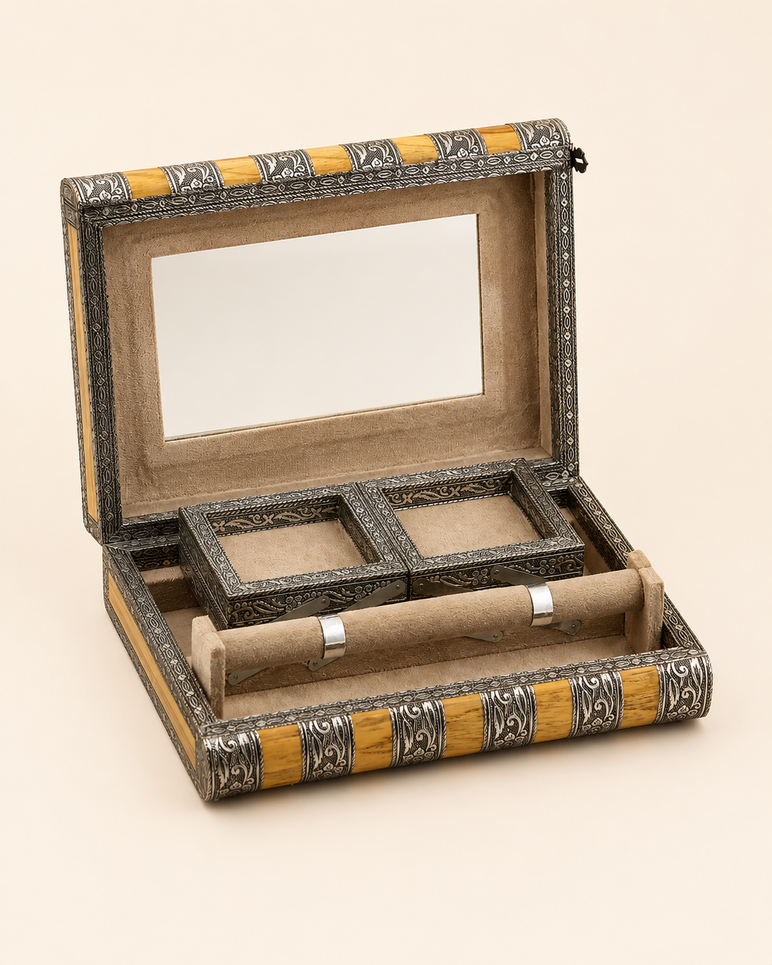 Handcrafted Wooden Silver Oxidised Jewellery Box with Mirror & Multi-Layer Storage