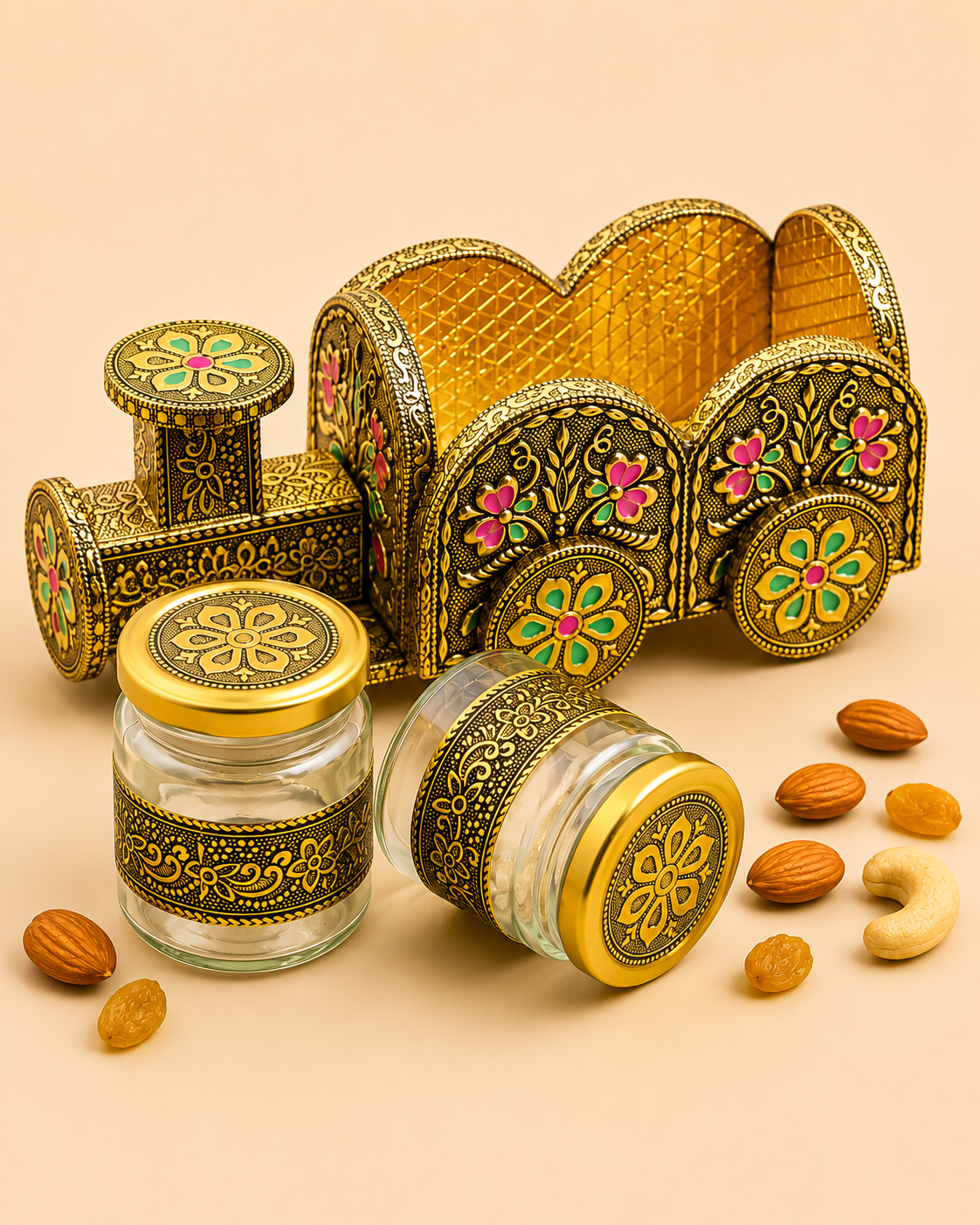 Handcrafted Wooden Train Dry Fruit Box with Golden Meenakari & Oxidised (Dow) Work | 2 Jar Storage Organizer