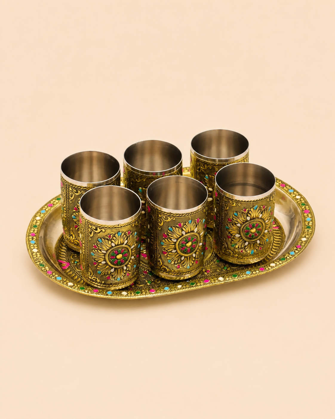 Meenakari Golden Oxidised Tray with 6 Glasses-Flower