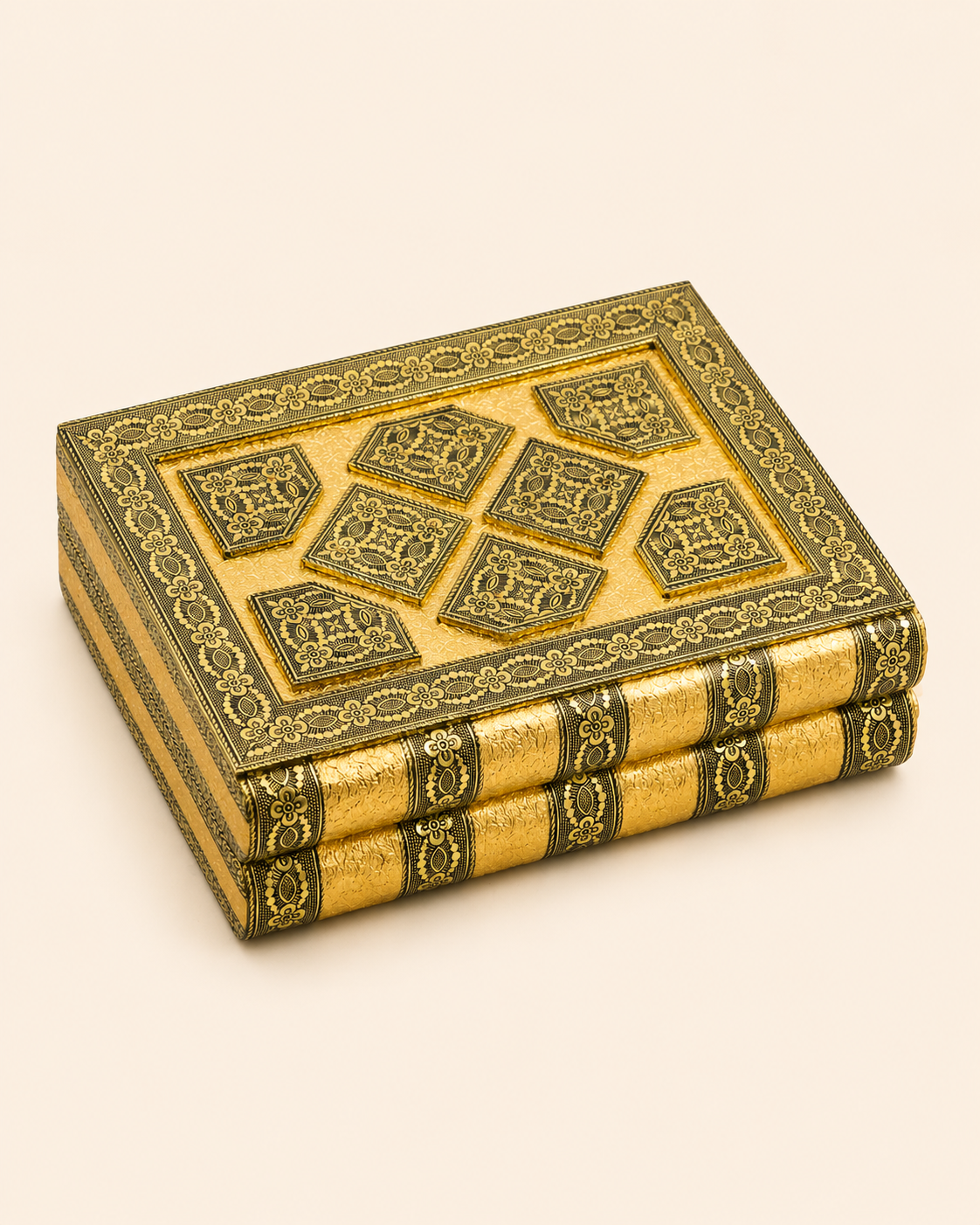 Luxury Handcrafted Wooden Jewellery Box with Golden Oxidised (Dow) Work, Mirror & Multi-Tier Storage