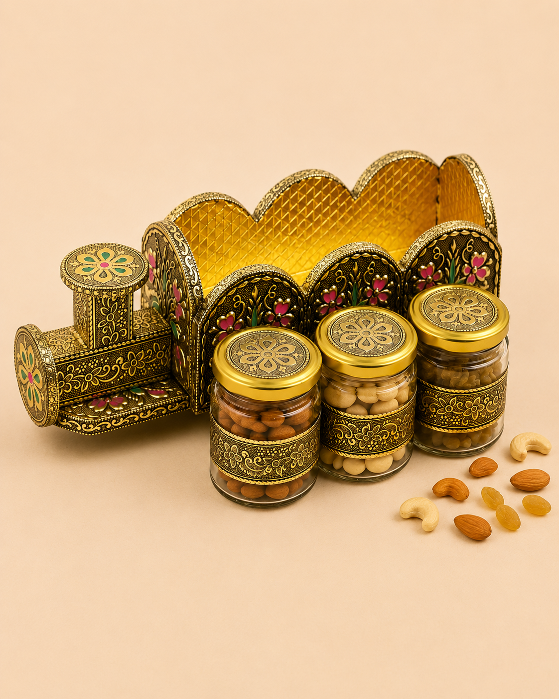 Luxury Handcrafted Wooden Train Dry Fruit Box with Golden Meenakari & Oxidised (Dow) Work | 3 Glass Jar Storage