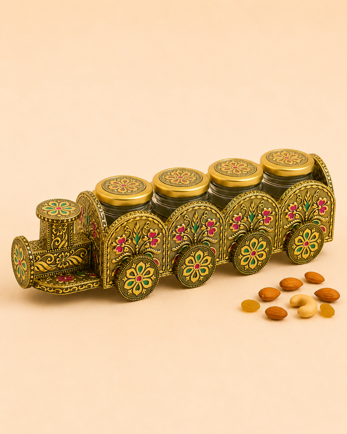Luxury Handcrafted Wooden Train Dry Fruit Box with Golden Meenakari & Oxidised (Dow) Work | 4 Glass Jar Storage Organizer