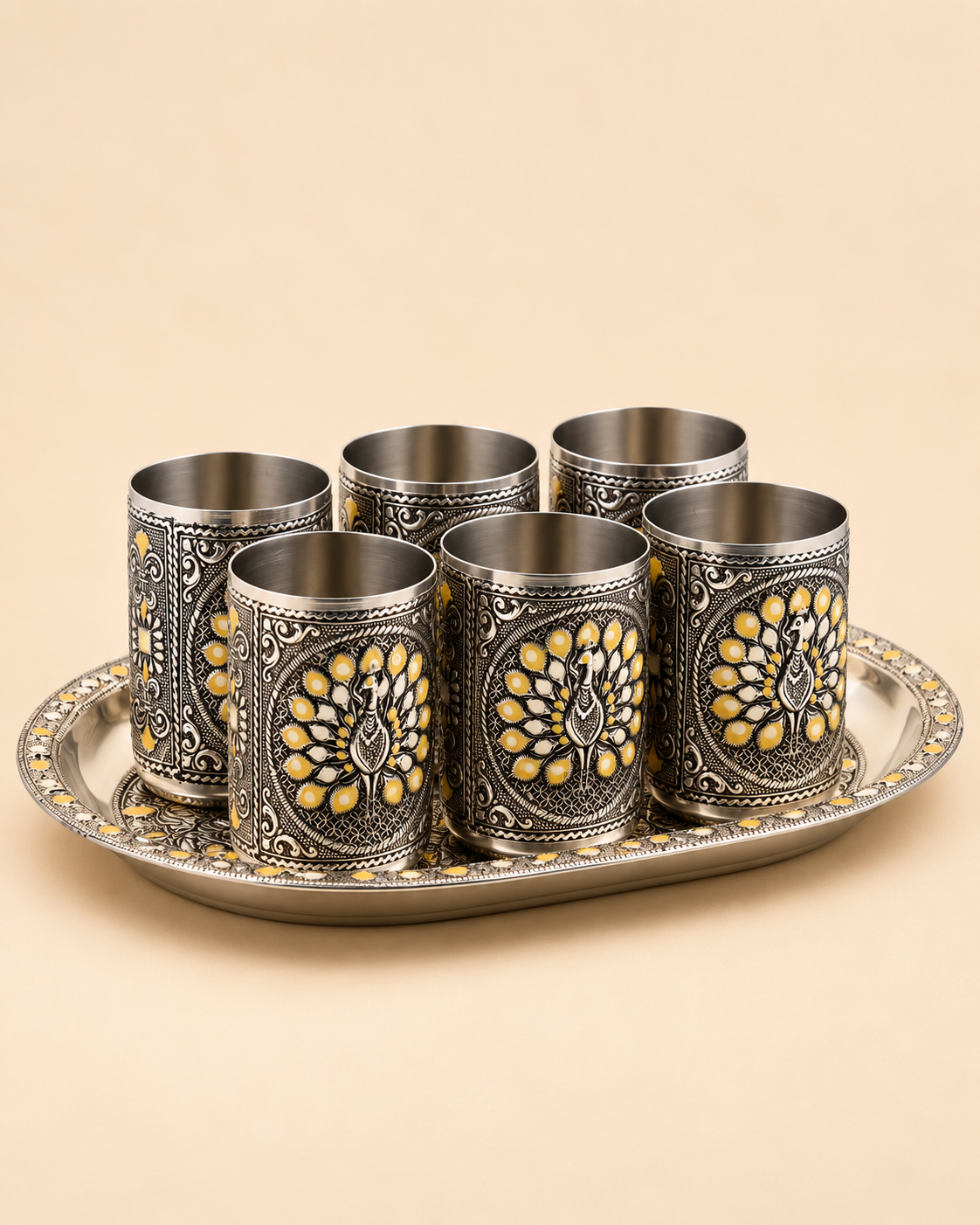 Silver Oxidised Meenakari Tray with 6 Glasses- Mor