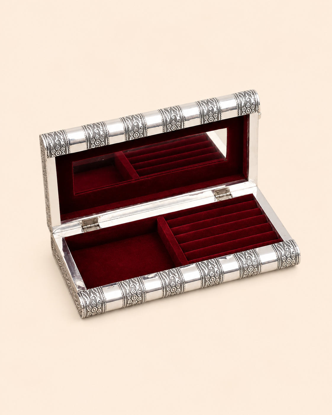 Handcrafted Wooden Silver Oxidised Jewellery Box with Lock | Velvet-Lined Jewellery Organizer