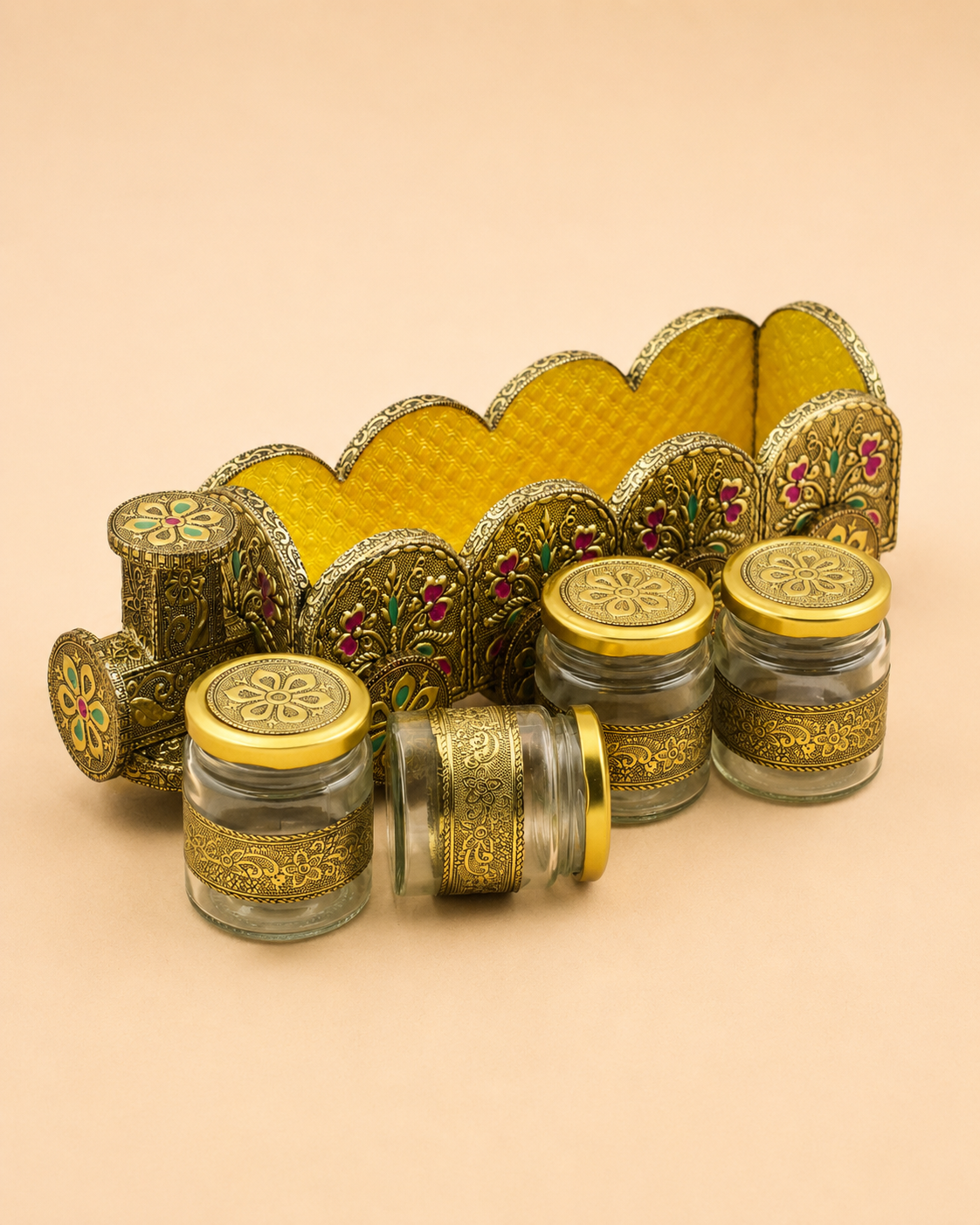 Luxury Handcrafted Wooden Train Dry Fruit Box with Golden Meenakari & Oxidised (Dow) Work | 4 Glass Jar Storage Organizer