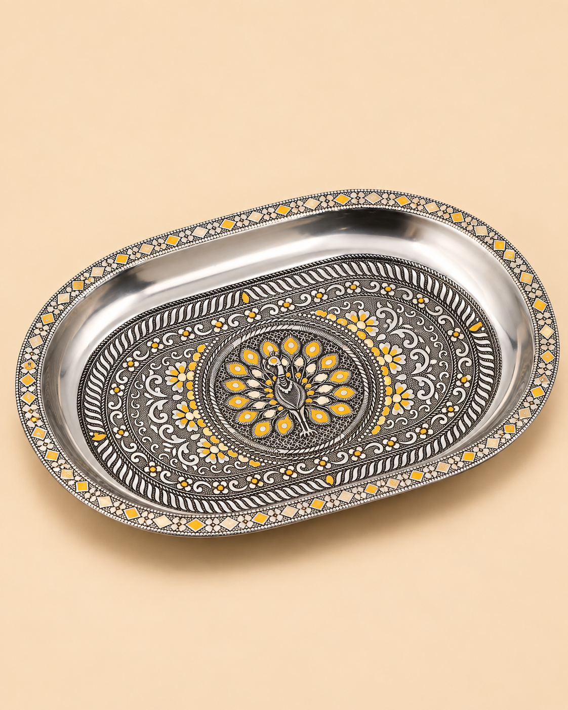 Silver Oxidised Meenakari Tray with 6 Glasses- Mor