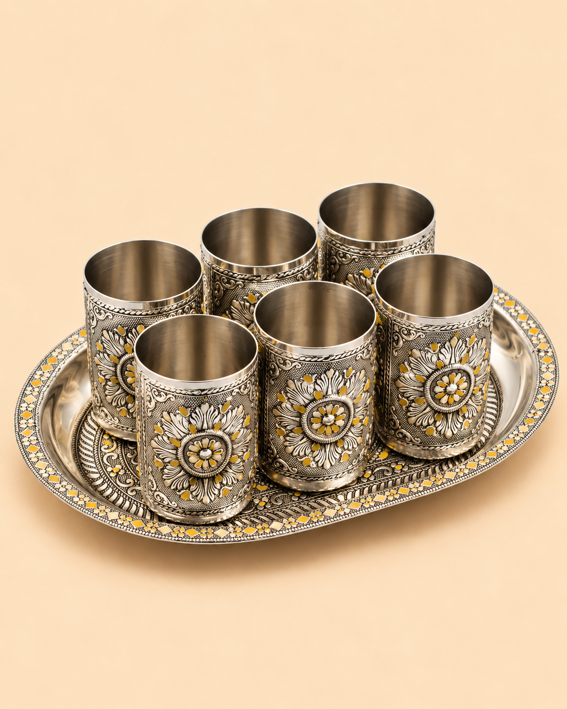 Silver Oxidised Meenakari Tray with 6 Glasses- Flower