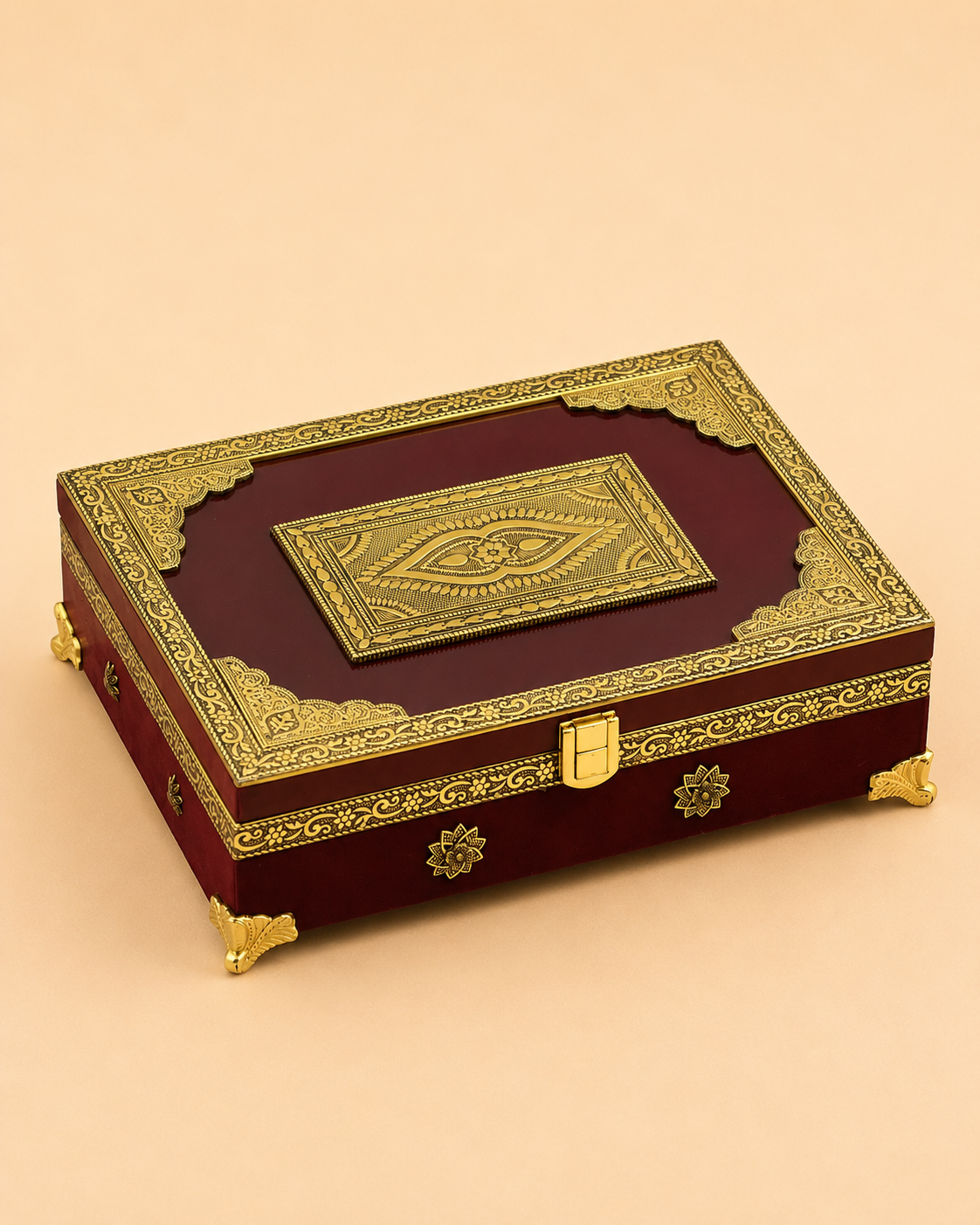 Luxury Handcrafted Wooden Velvet Dry Fruit Box with Golden Oxidised (Dow) Work | 4 Compartment Premium Storage Box
