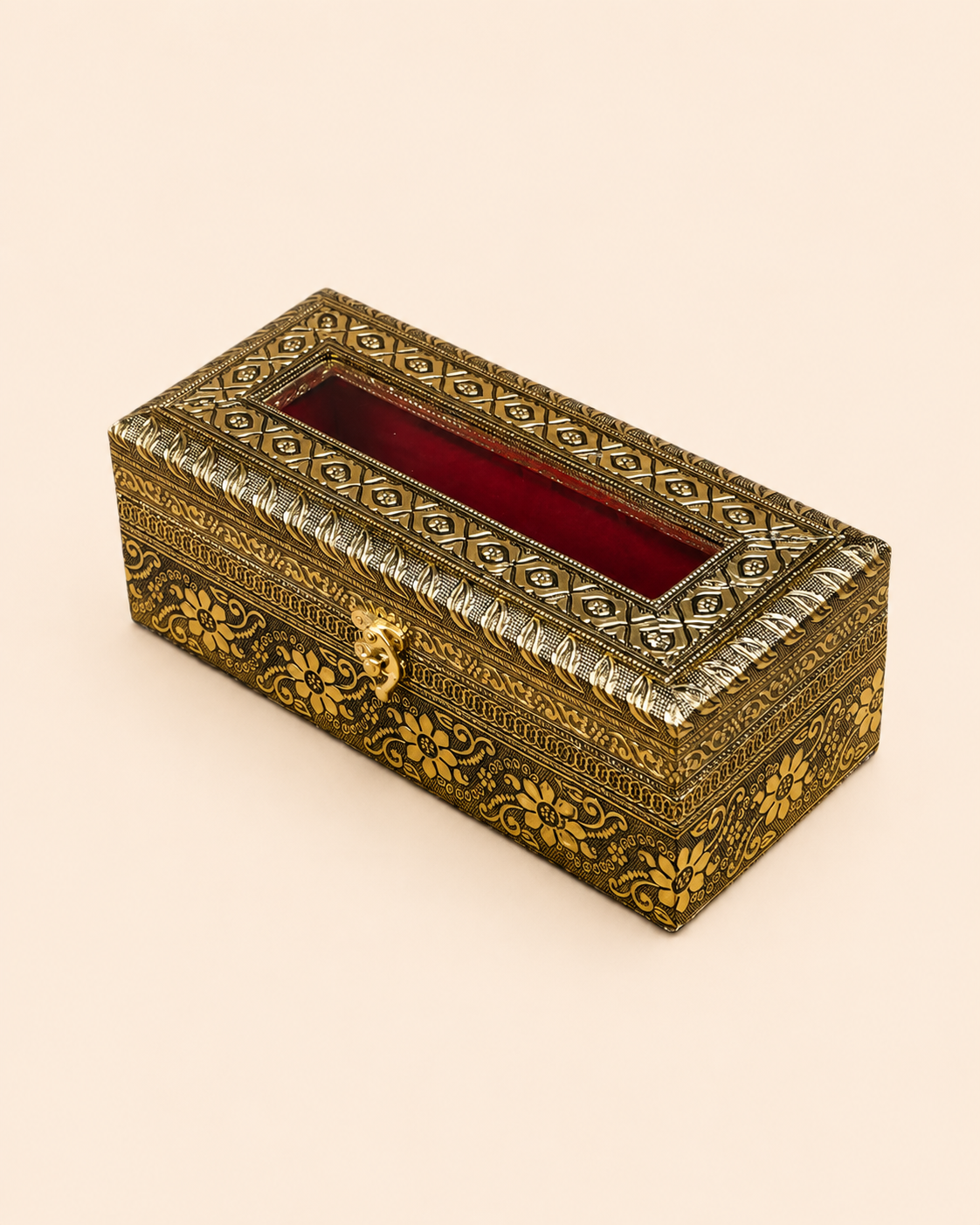 Luxury Handcrafted Golden Oxidised Bangle Storage Box with Mirror & Secure Lock