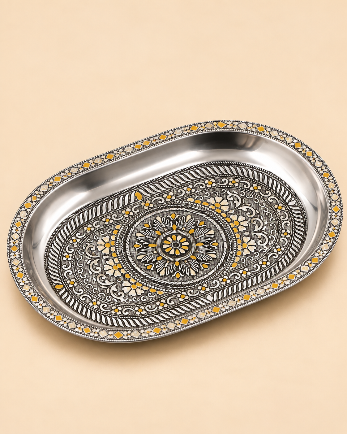 Silver Oxidised Meenakari Tray with 6 Glasses- Flower