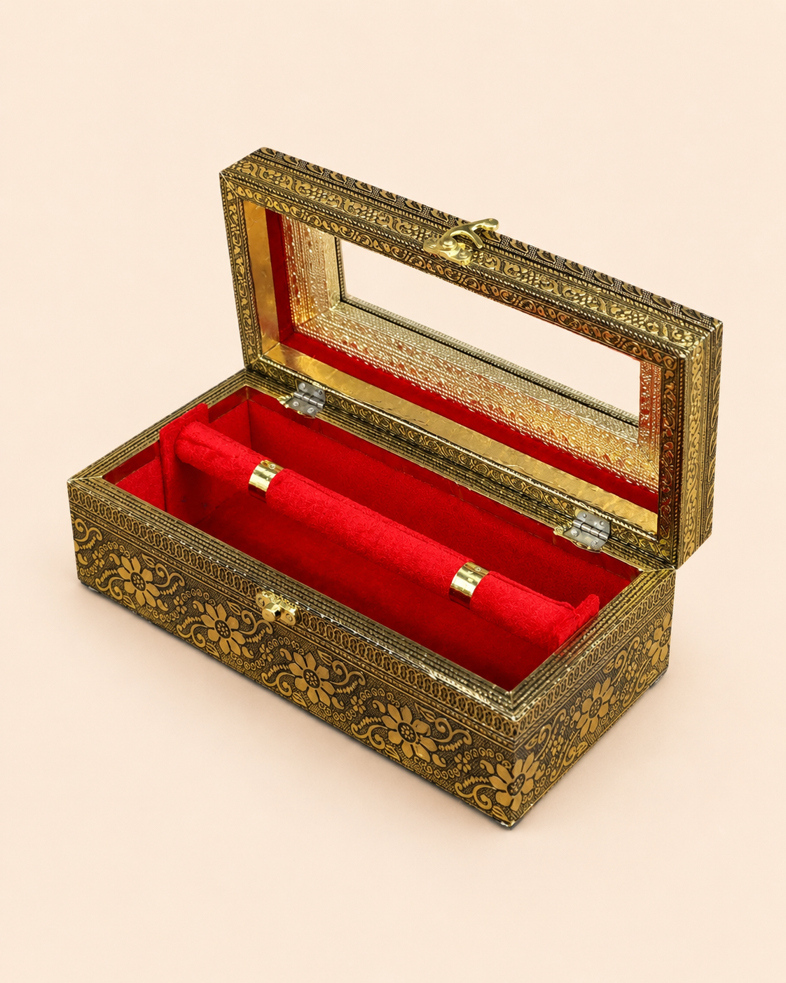 Luxury Handcrafted Golden Oxidised Bangle Storage Box with Mirror & Secure Lock