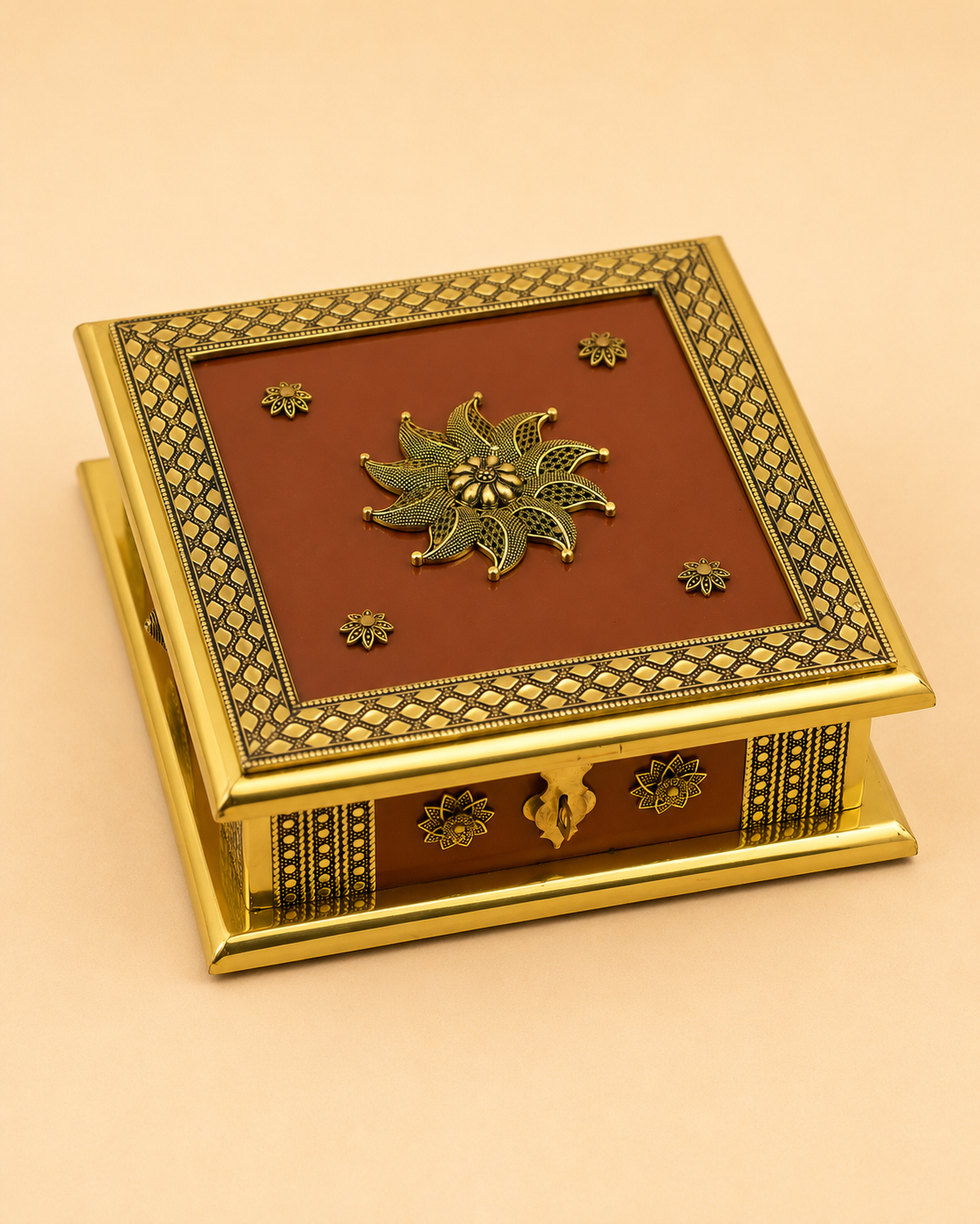 Luxury Handcrafted Wooden Antique Dry Fruit Box with Golden Oxidised (Dow) Work | Premium 4 Compartment Storage Box