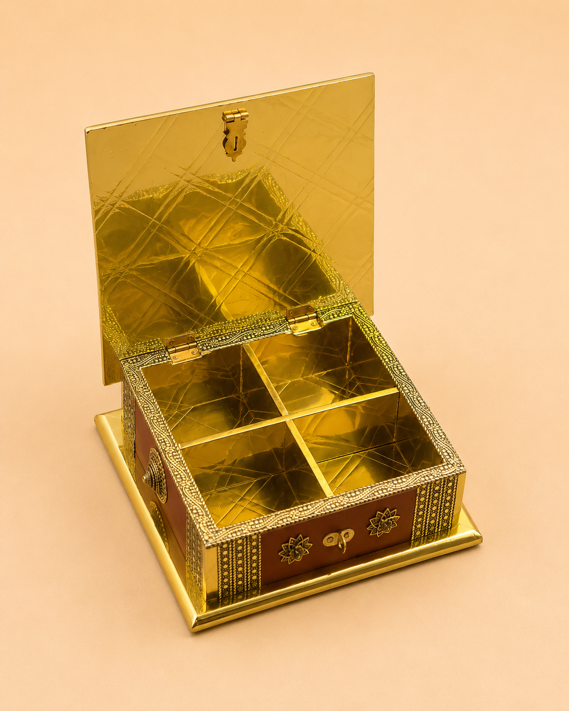 Luxury Handcrafted Wooden Antique Dry Fruit Box with Golden Oxidised (Dow) Work | Premium 4 Compartment Storage Box