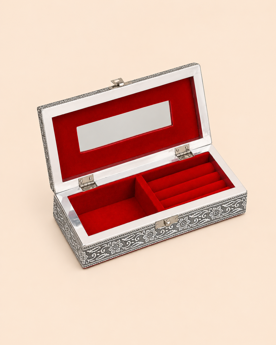Handcrafted Silver Oxidised Wooden Jewellery Box with Mirror & Lock | Premium Velvet Jewellery Organizer