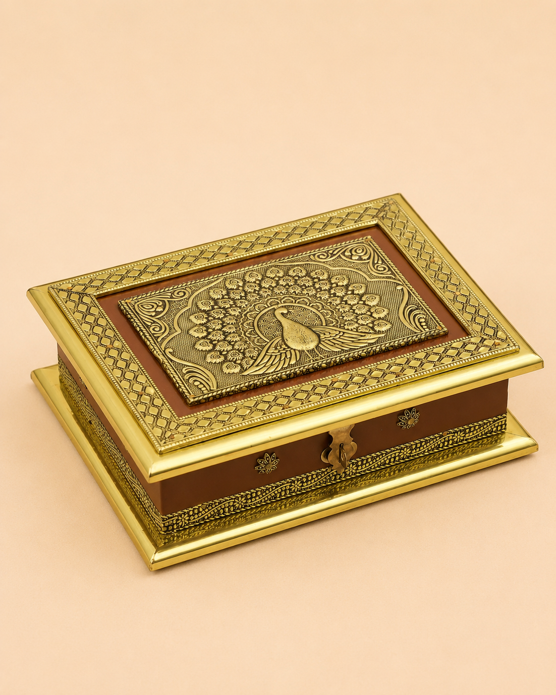 Luxury Handcrafted Wooden Peacock Dry Fruit Box with Golden Oxidised (Dow) Work | Premium 4 Compartment Gift Box