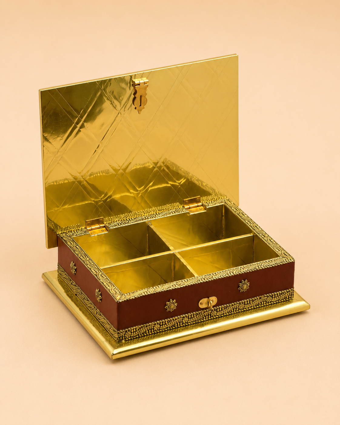 Luxury Handcrafted Wooden Peacock Dry Fruit Box with Golden Oxidised (Dow) Work | Premium 4 Compartment Gift Box