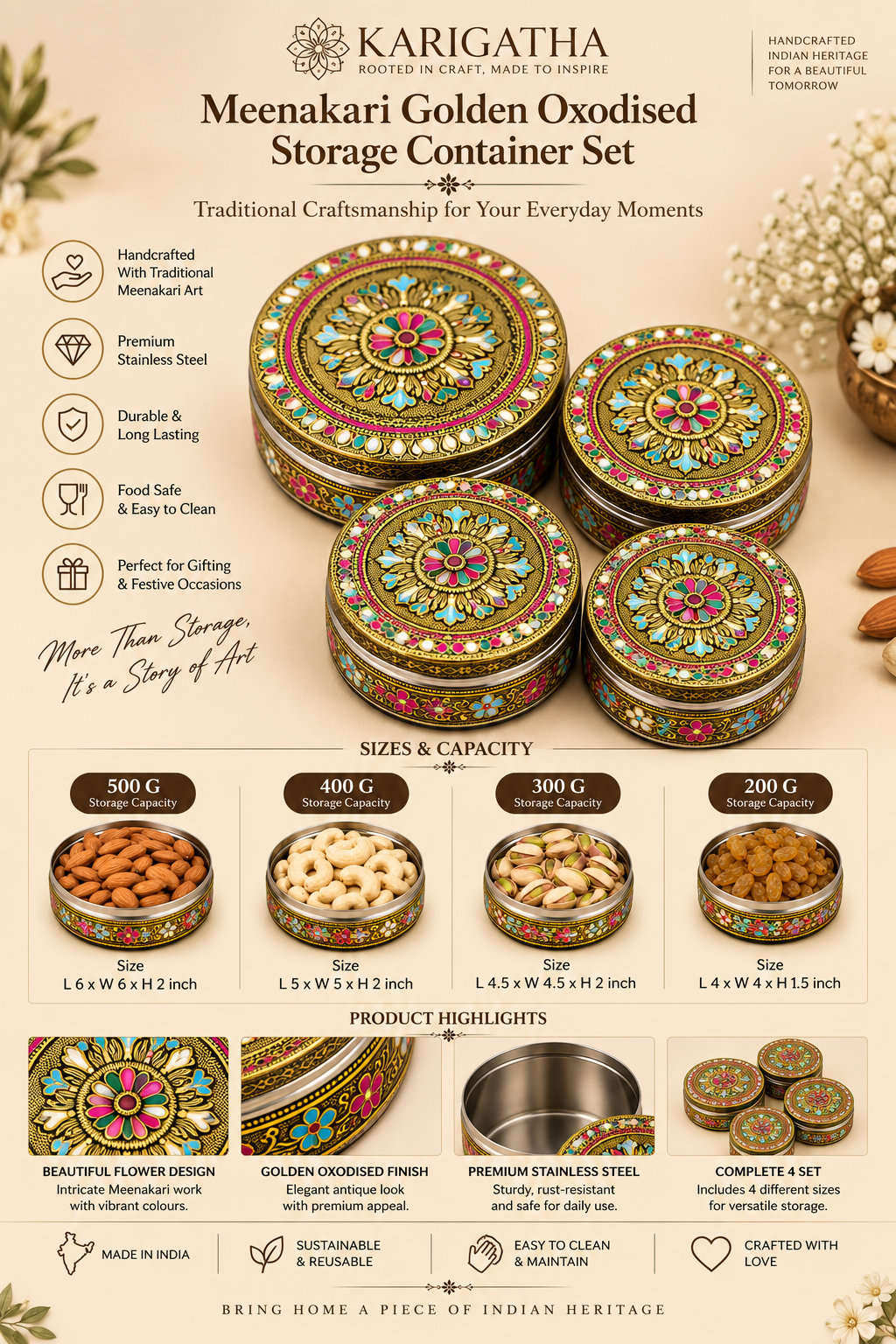 Meenakari Golden Oxidised Storage Container Set – Flower Design  4-Piece Set