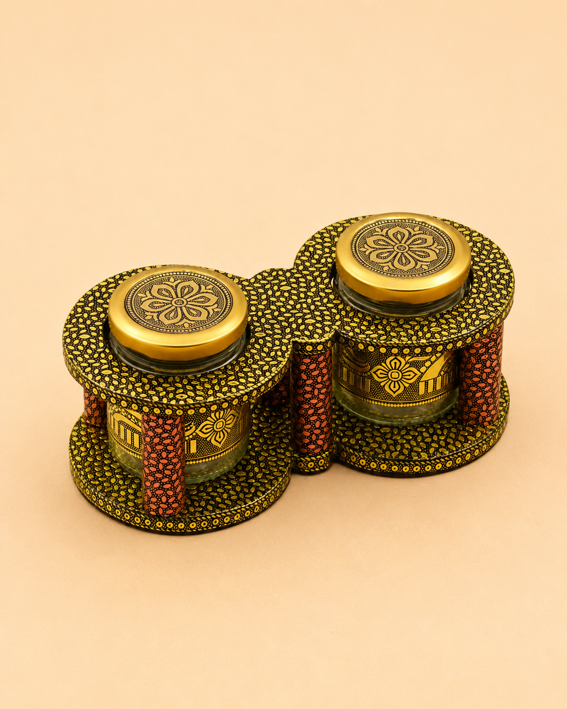 Luxury Handcrafted Wooden Open Dry Fruit Box with 2 Glass Jars | Golden Oxidised (Dow) Work