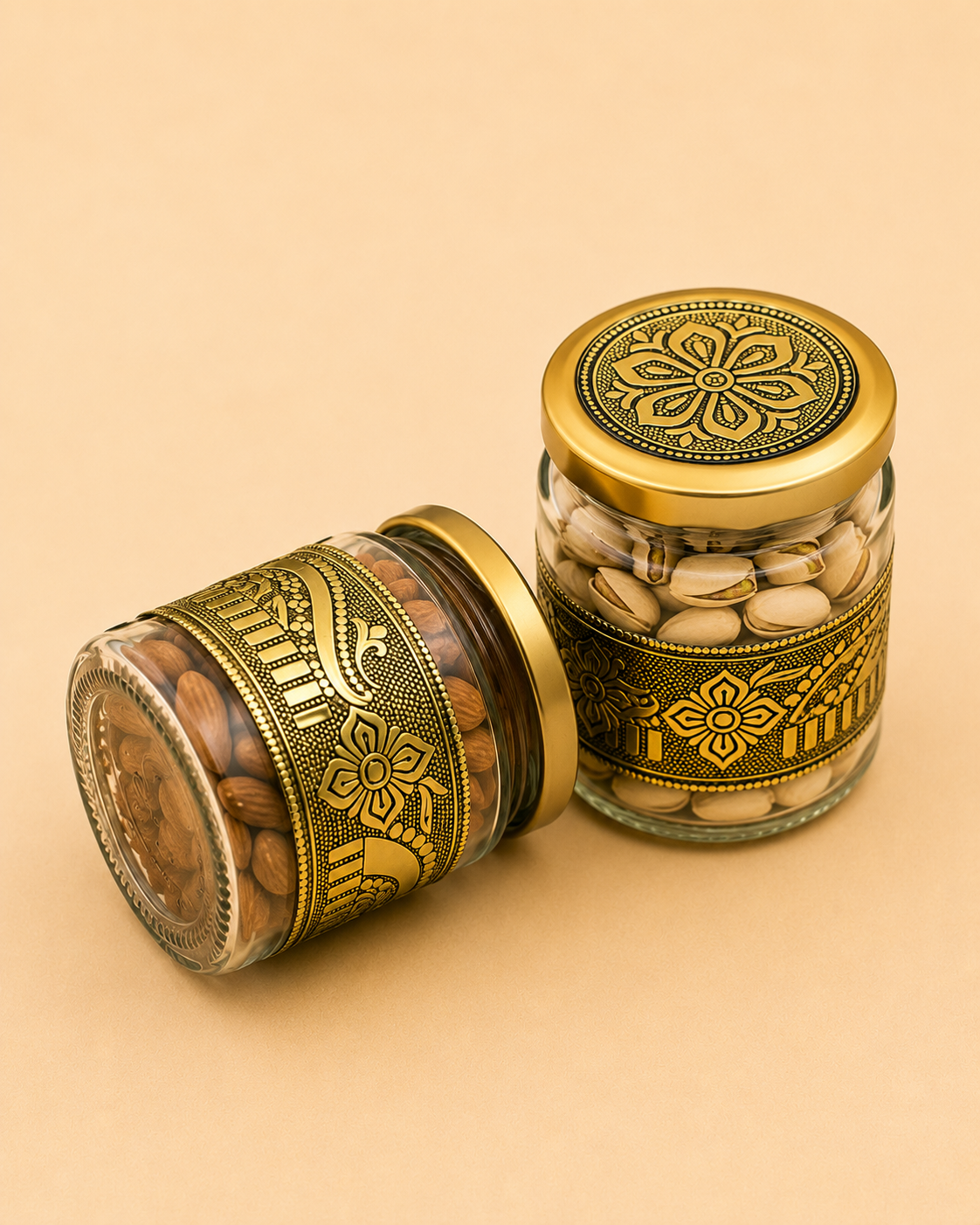 Luxury Handcrafted Wooden Open Dry Fruit Box with 2 Glass Jars | Golden Oxidised (Dow) Work