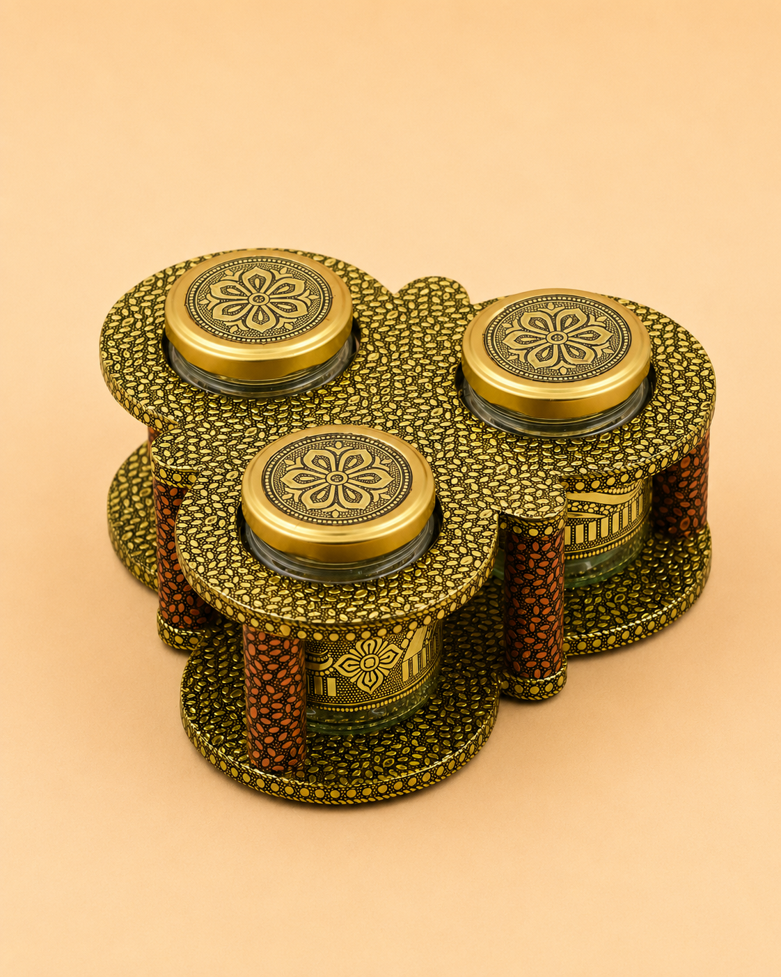 Luxury Handcrafted Wooden Open Dry Fruit Box with 3 Glass Jars | Golden Oxidised (Dow) Work
