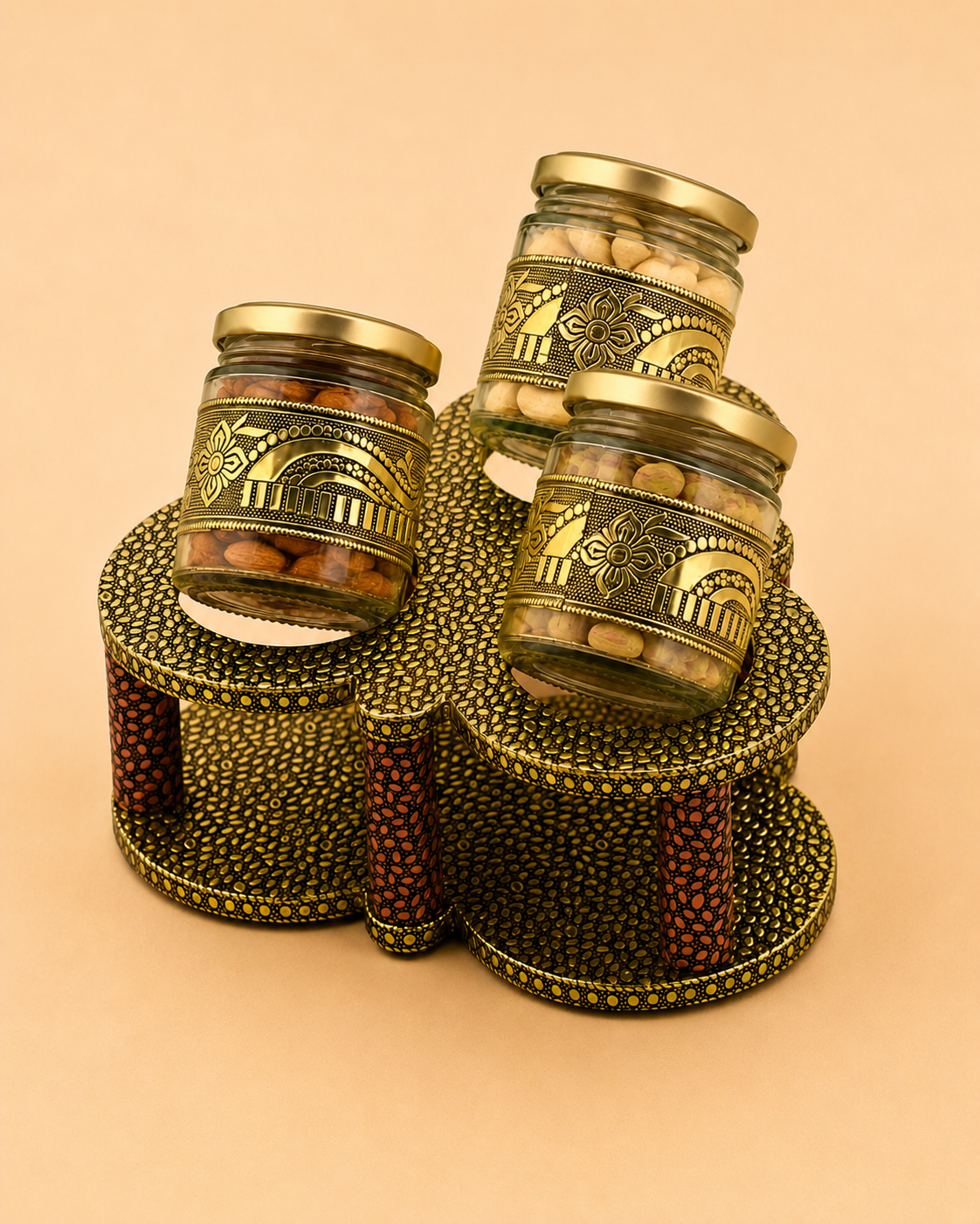 Luxury Handcrafted Wooden Open Dry Fruit Box with 3 Glass Jars | Golden Oxidised (Dow) Work