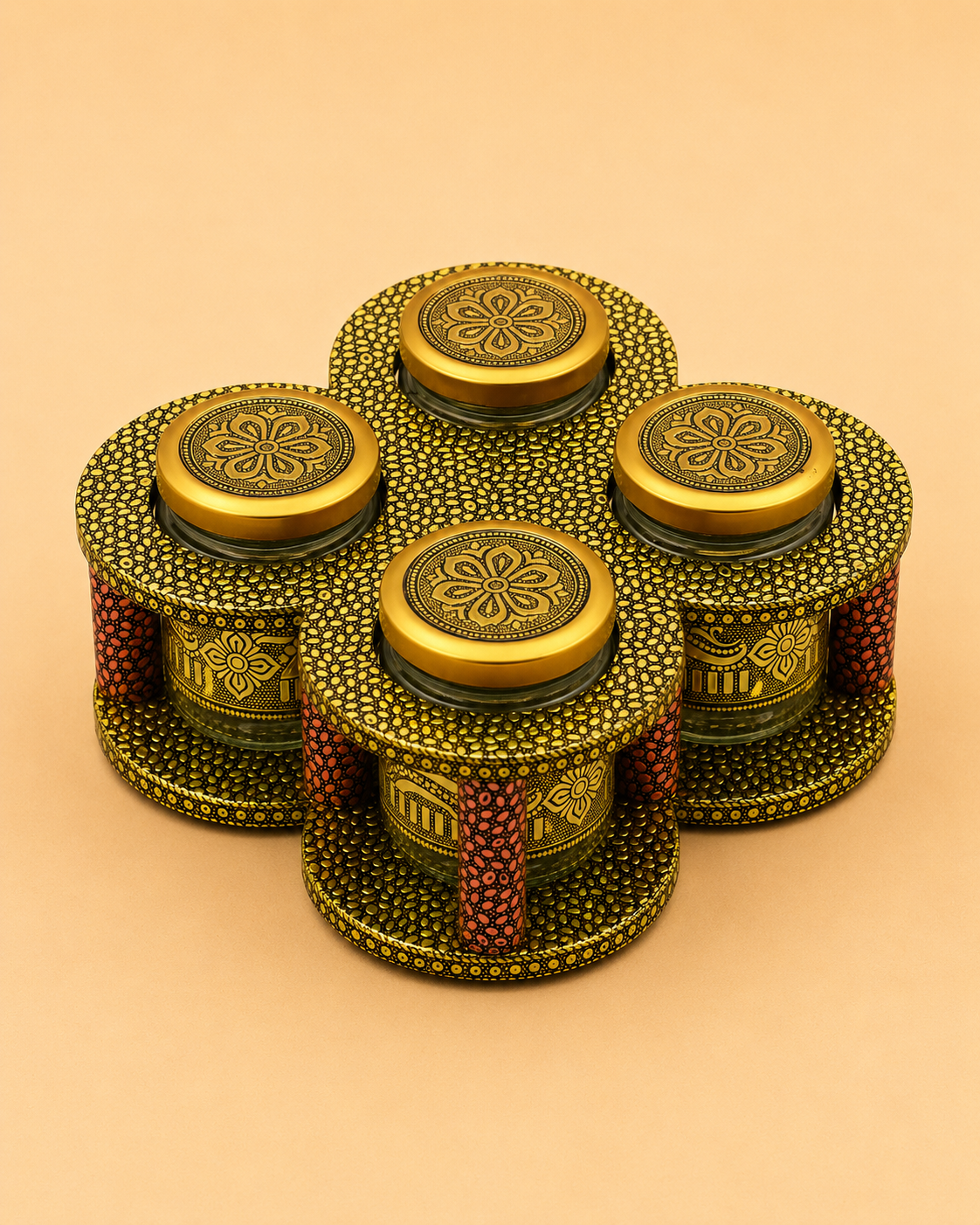 Luxury Handcrafted Wooden Open Dry Fruit Box with 4 Glass Jars | Golden Oxidised (Dow) Work